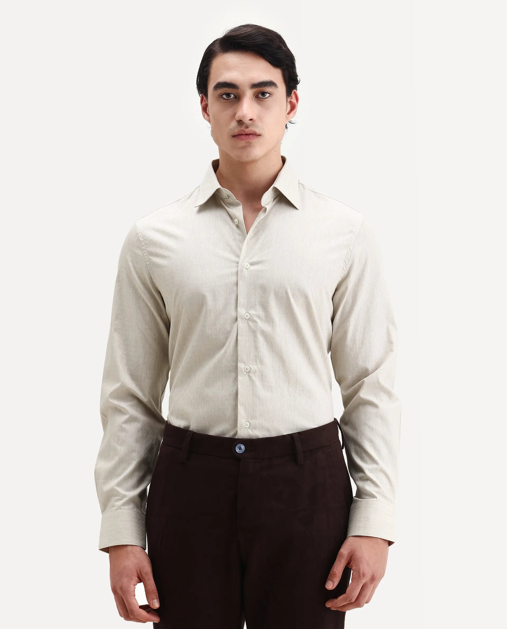 Rare Rabbit Men's Plib Beige Cotton Jacquard Regular Fit Full Sleeve Collared Shirt