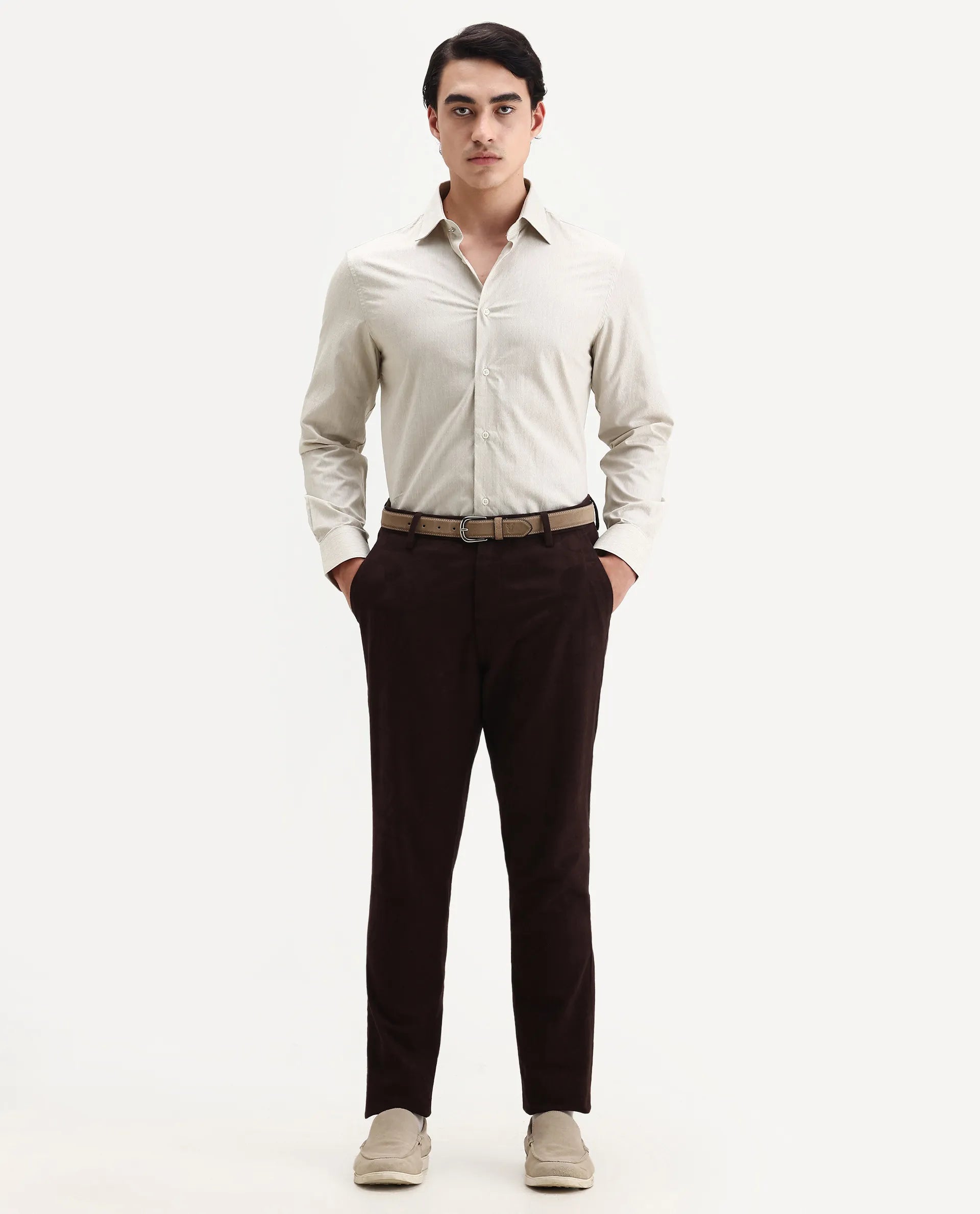 Rare Rabbit Men's Plib Beige Cotton Jacquard Regular Fit Full Sleeve Collared Shirt