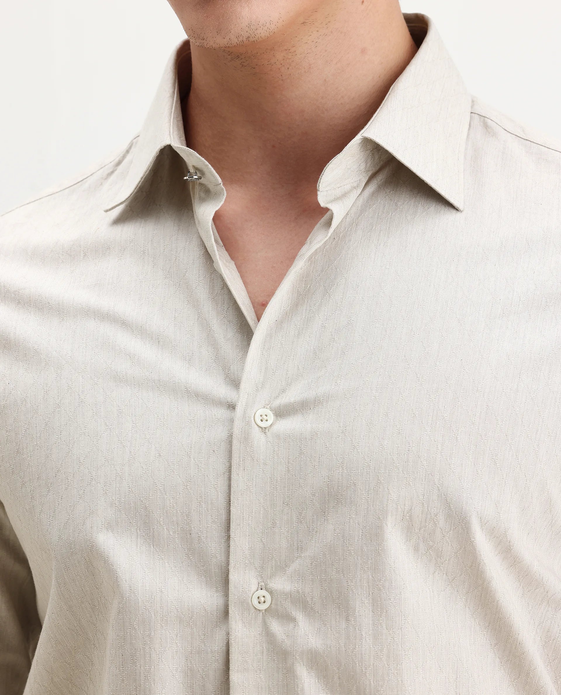 Rare Rabbit Men's Plib Beige Cotton Jacquard Regular Fit Full Sleeve Collared Shirt