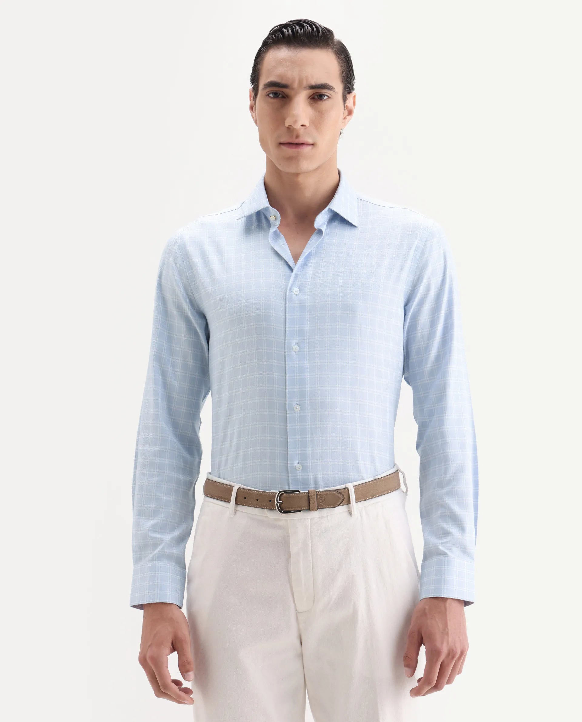 Rare Rabbit Men's Plid Blue Cotton Fabric Collared Neck Regular Fit Checks Shirt