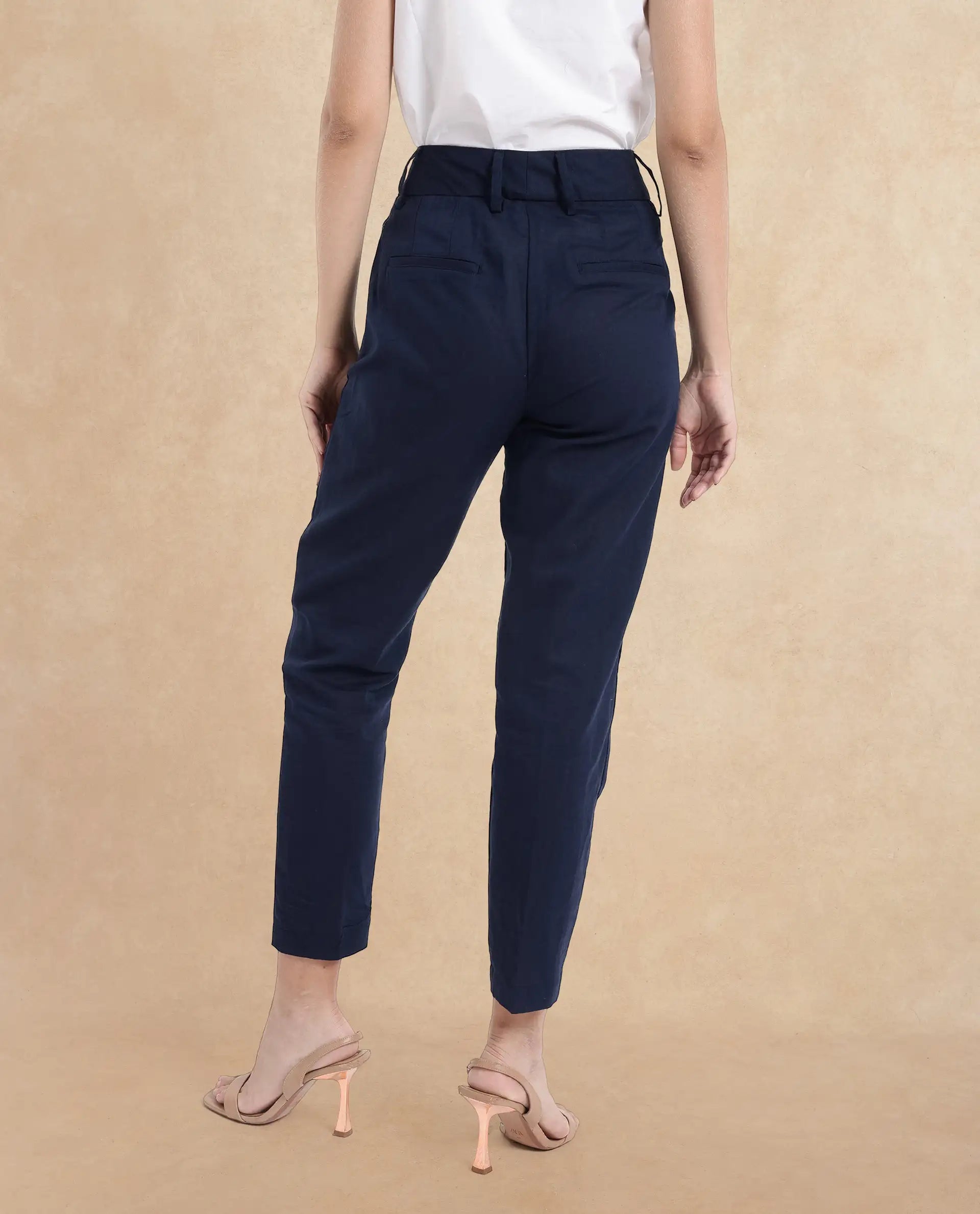 Rareism Women Plio Dark Navy Zipper Closure Tapered Fit Plain Ankle Length Trouser