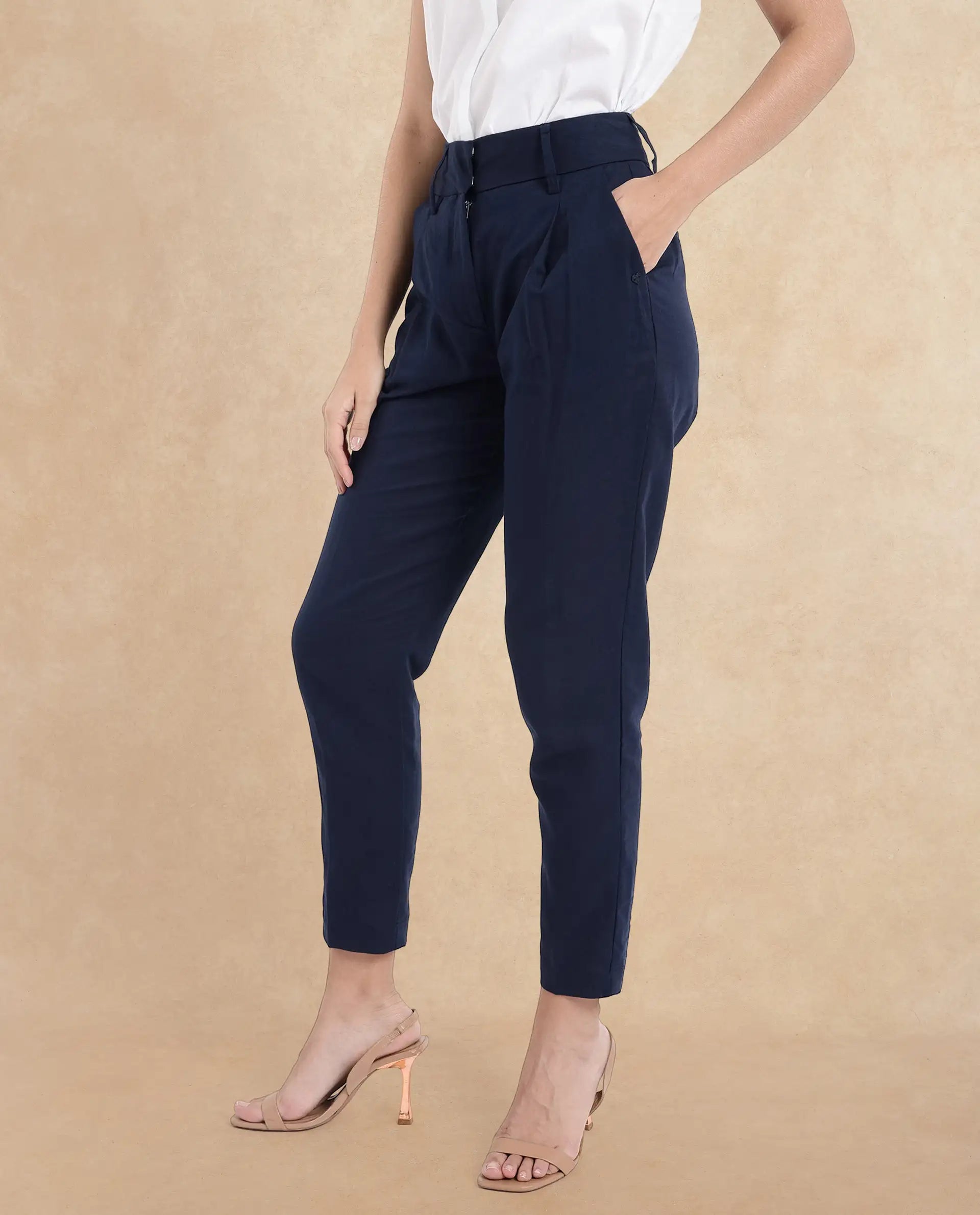 Rareism Women Plio Dark Navy Zipper Closure Tapered Fit Plain Ankle Length Trouser