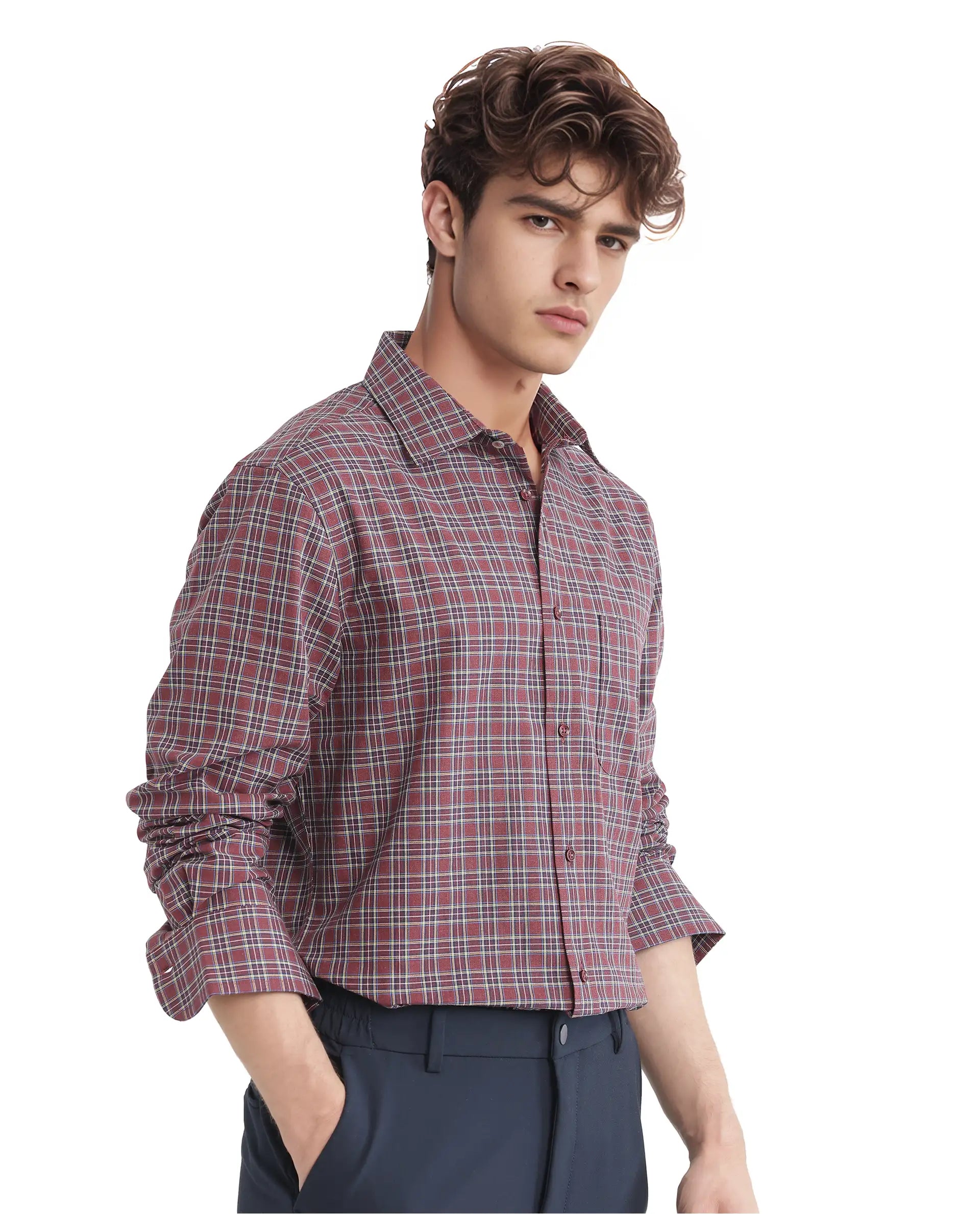 Rare Rabbit Men Plix Maroon Cotton Fabric Regular Fit Full Sleeve Regular Collared Melange Checked Shirt
