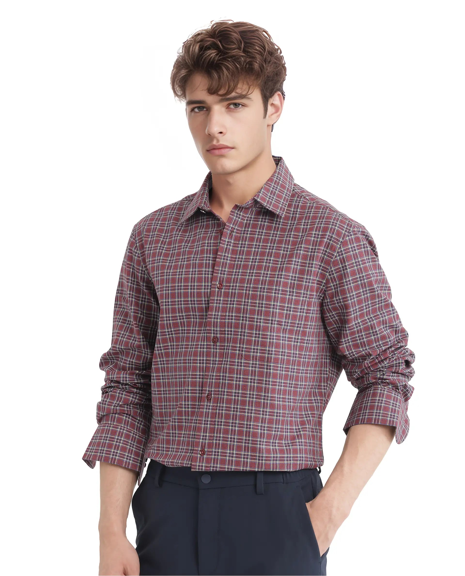 Rare Rabbit Men Plix Maroon Cotton Fabric Regular Fit Full Sleeve Regular Collared Melange Checked Shirt