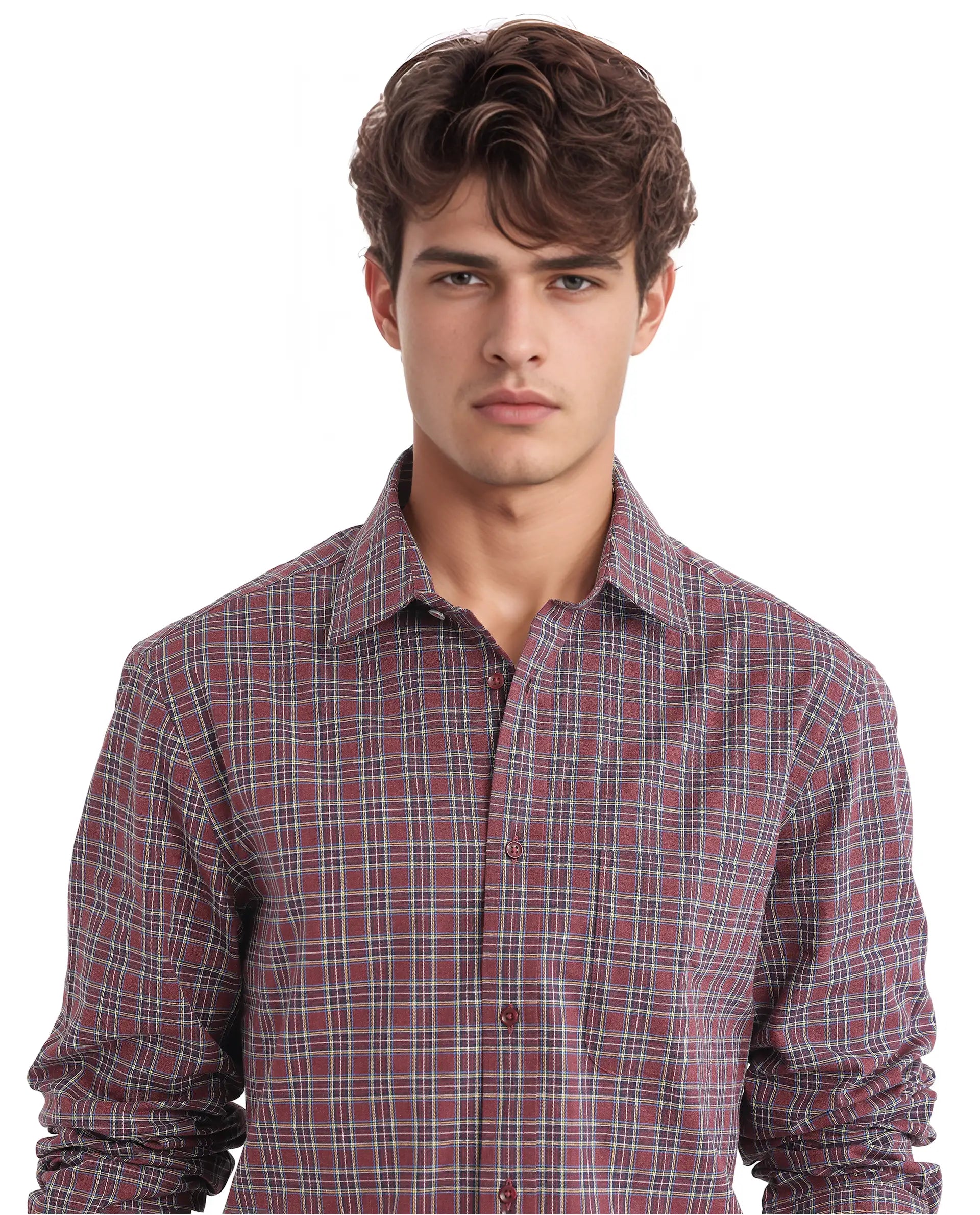 Rare Rabbit Men Plix Maroon Cotton Fabric Regular Fit Full Sleeve Regular Collared Melange Checked Shirt
