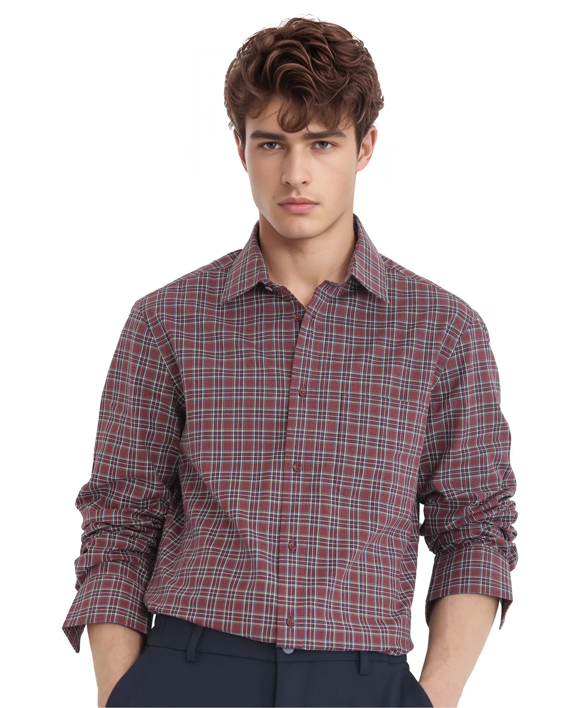 Rare Rabbit Men Plix Maroon Cotton Fabric Regular Fit Full Sleeve Regular Collared Melange Checked Shirt