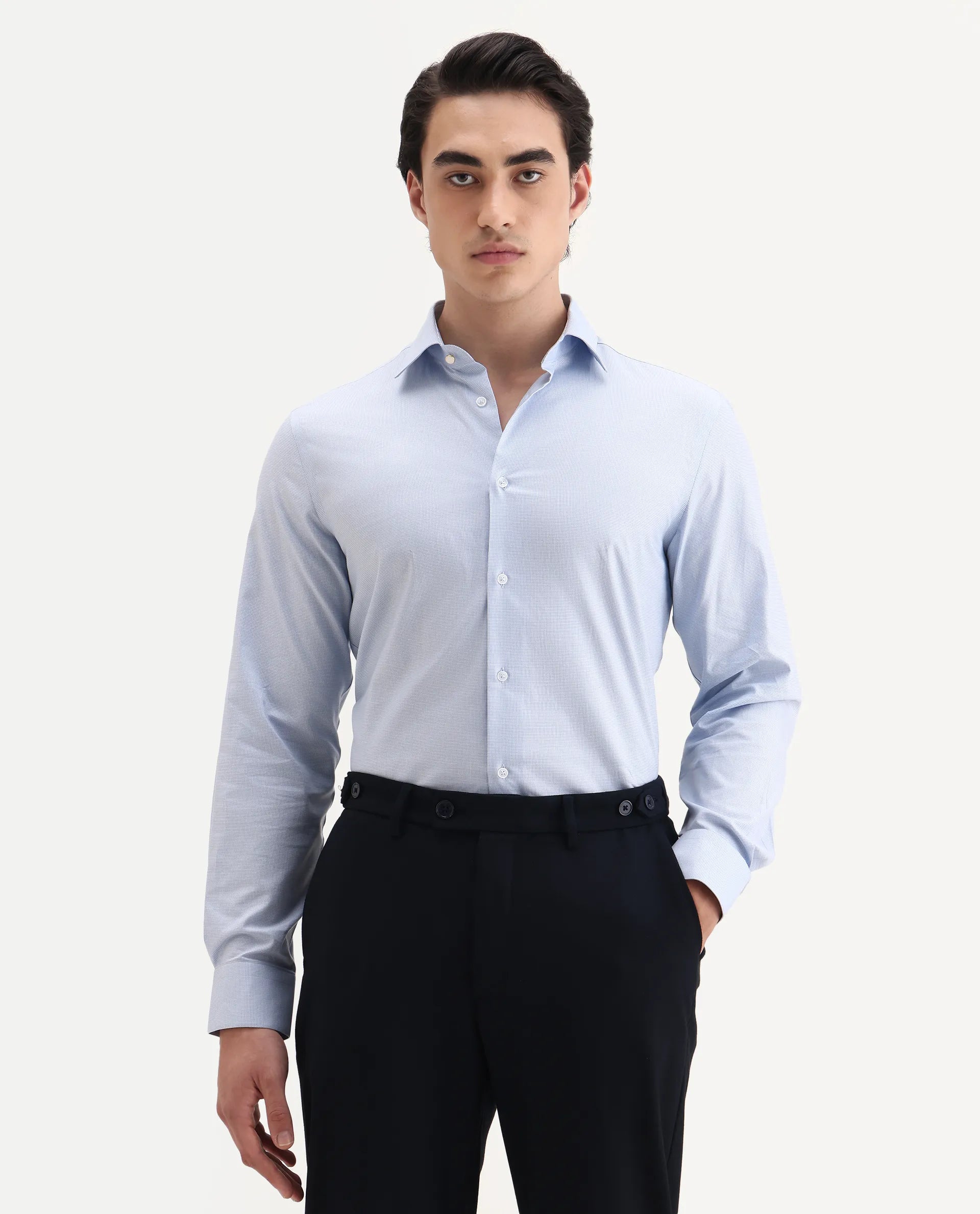 Rare Rabbit Men's Plom Blue Cotton Fabric Collared Neck Regular Fit Plain Shirt