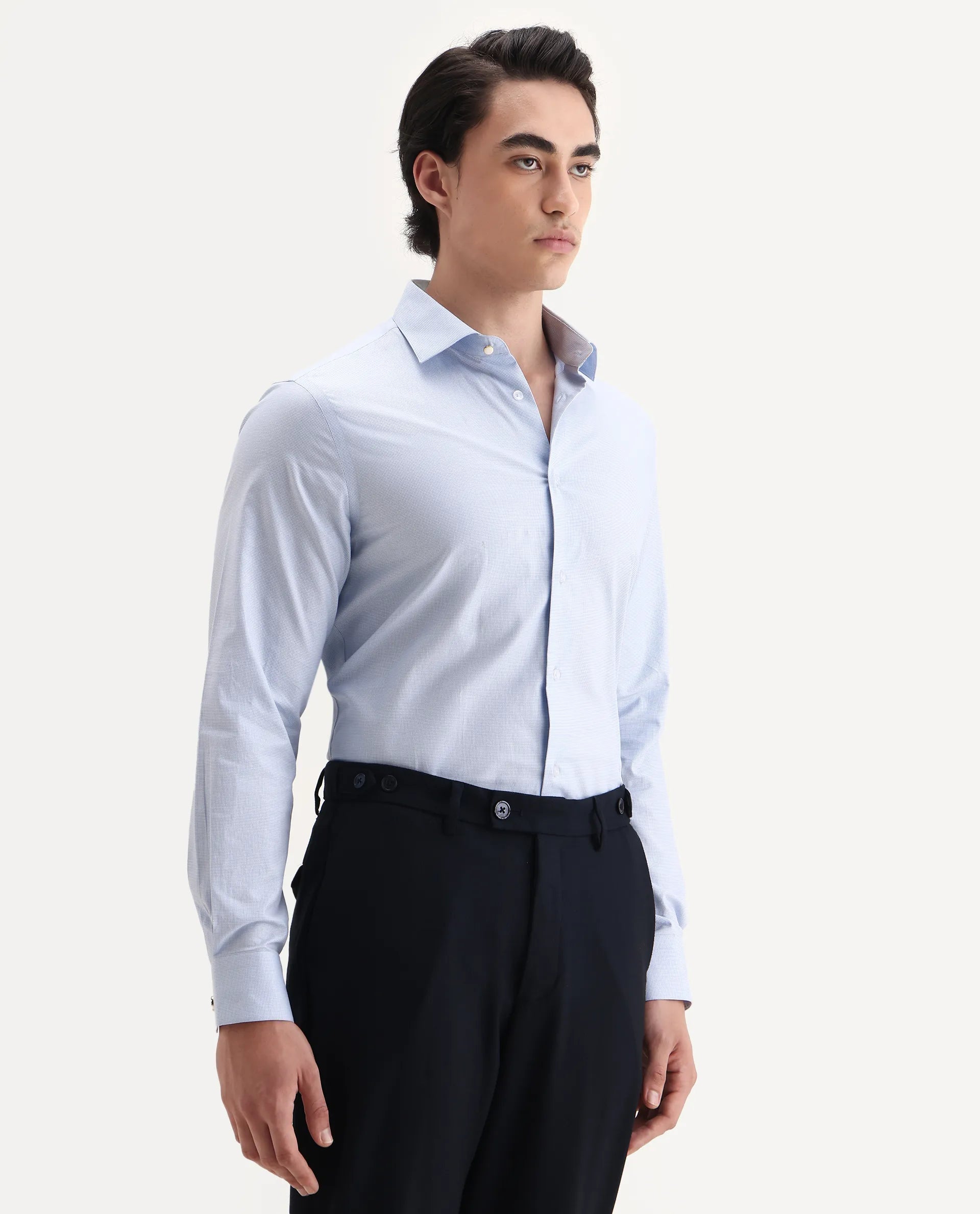 Rare Rabbit Men's Plom Blue Cotton Fabric Collared Neck Regular Fit Plain Shirt