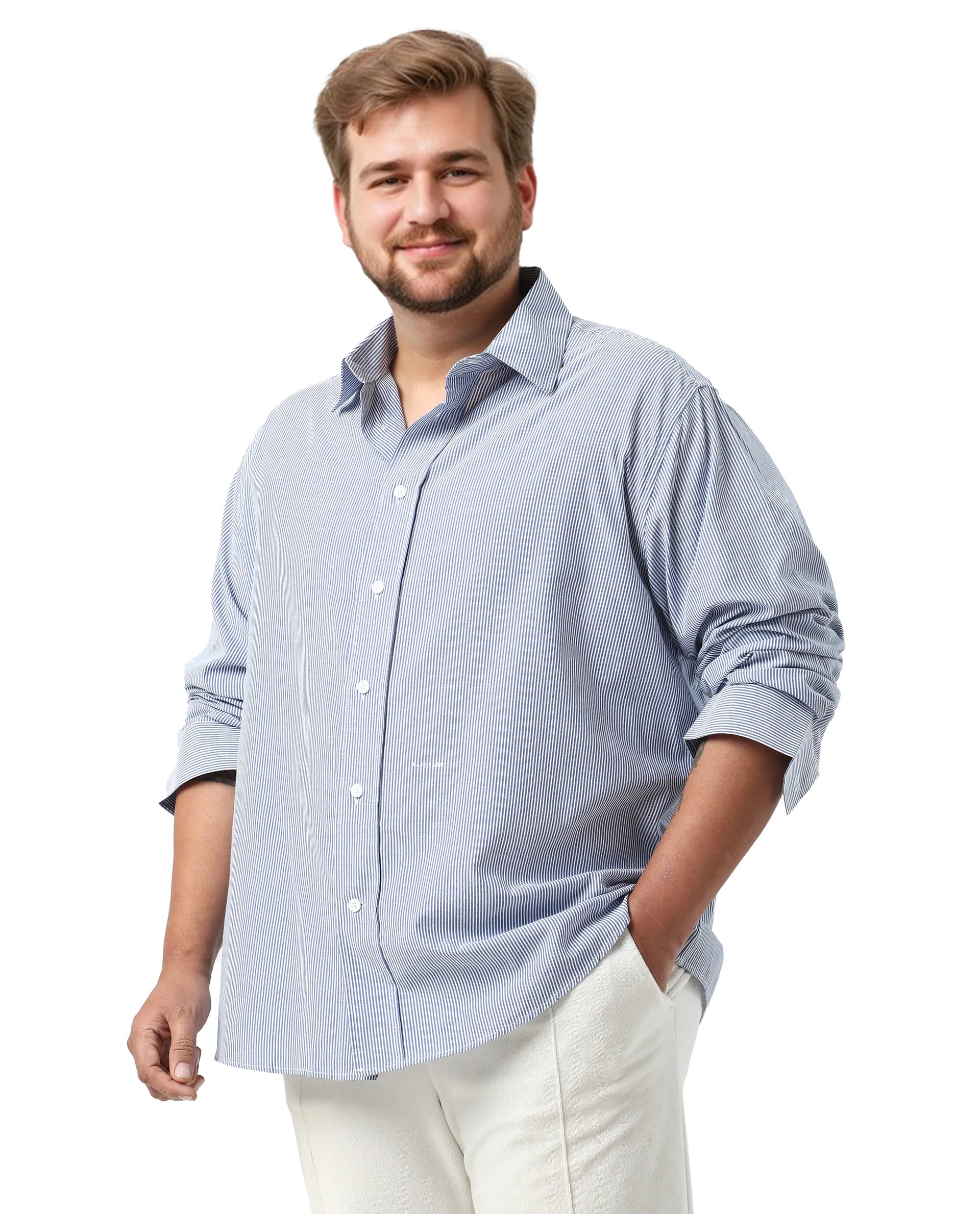 Rare Rabbit Men's Pluf Big Blue Cotton Blend Fabric Full Sleeve Spread Collar Button Closure Regular Fit Striped Shirt