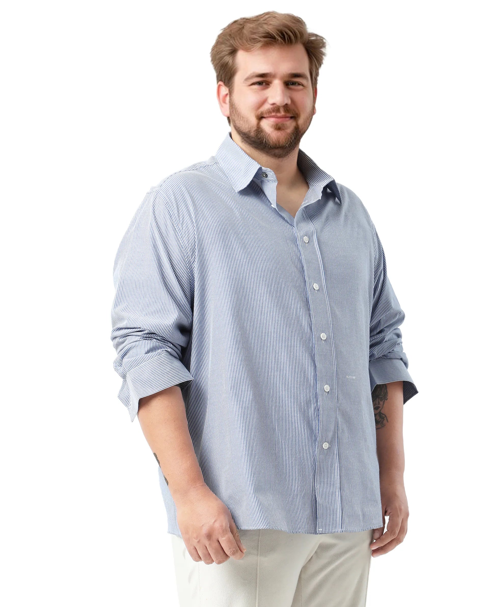 Rare Rabbit Men's Pluf Big Blue Cotton Blend Fabric Full Sleeve Spread Collar Button Closure Regular Fit Striped Shirt