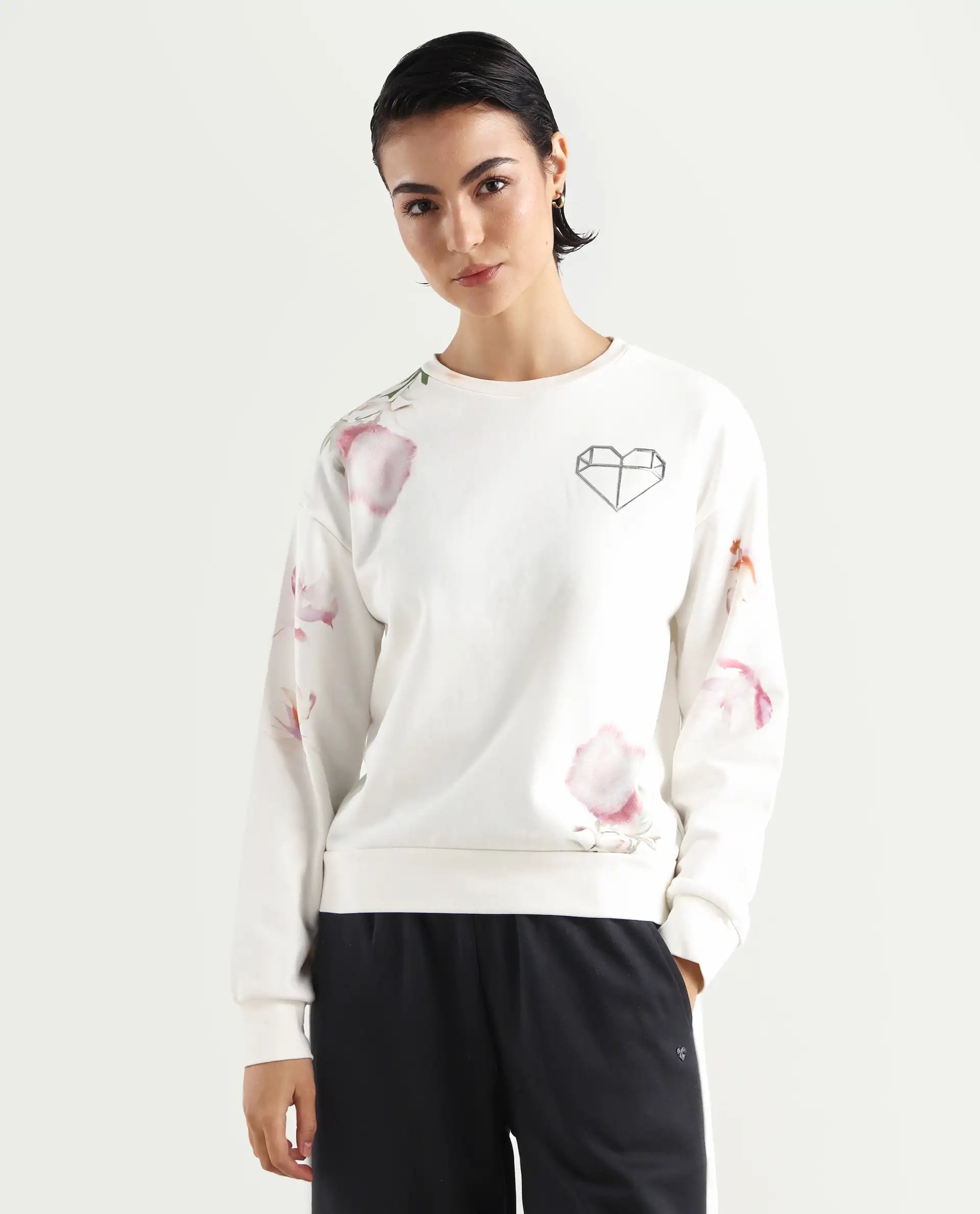 Rareism Women's Plume Off White Cotton Blend Crew Neck Graphic Print Relaxed Fit Sweatshirt