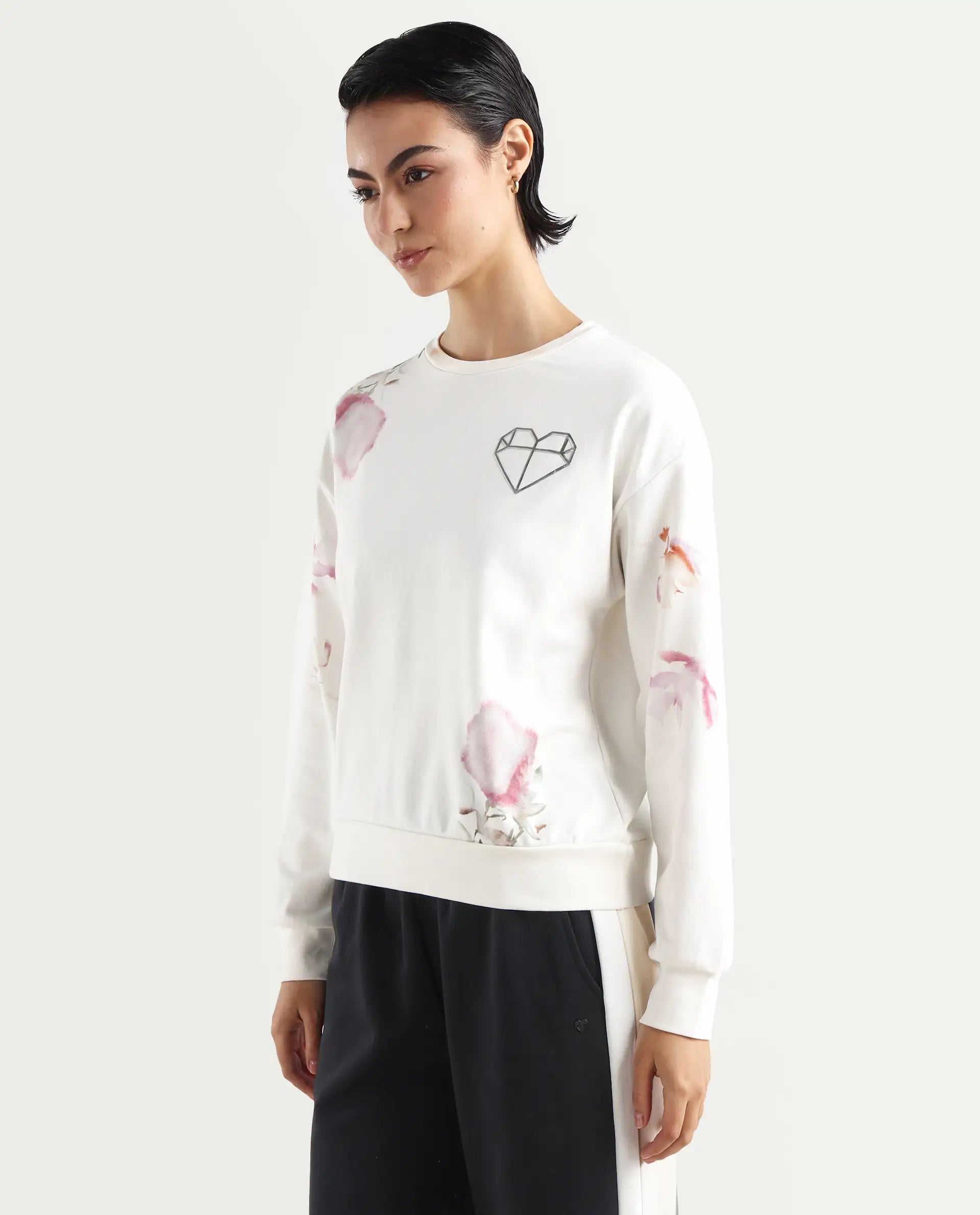 Rareism Women's Plume Off White Cotton Blend Crew Neck Graphic Print Relaxed Fit Sweatshirt