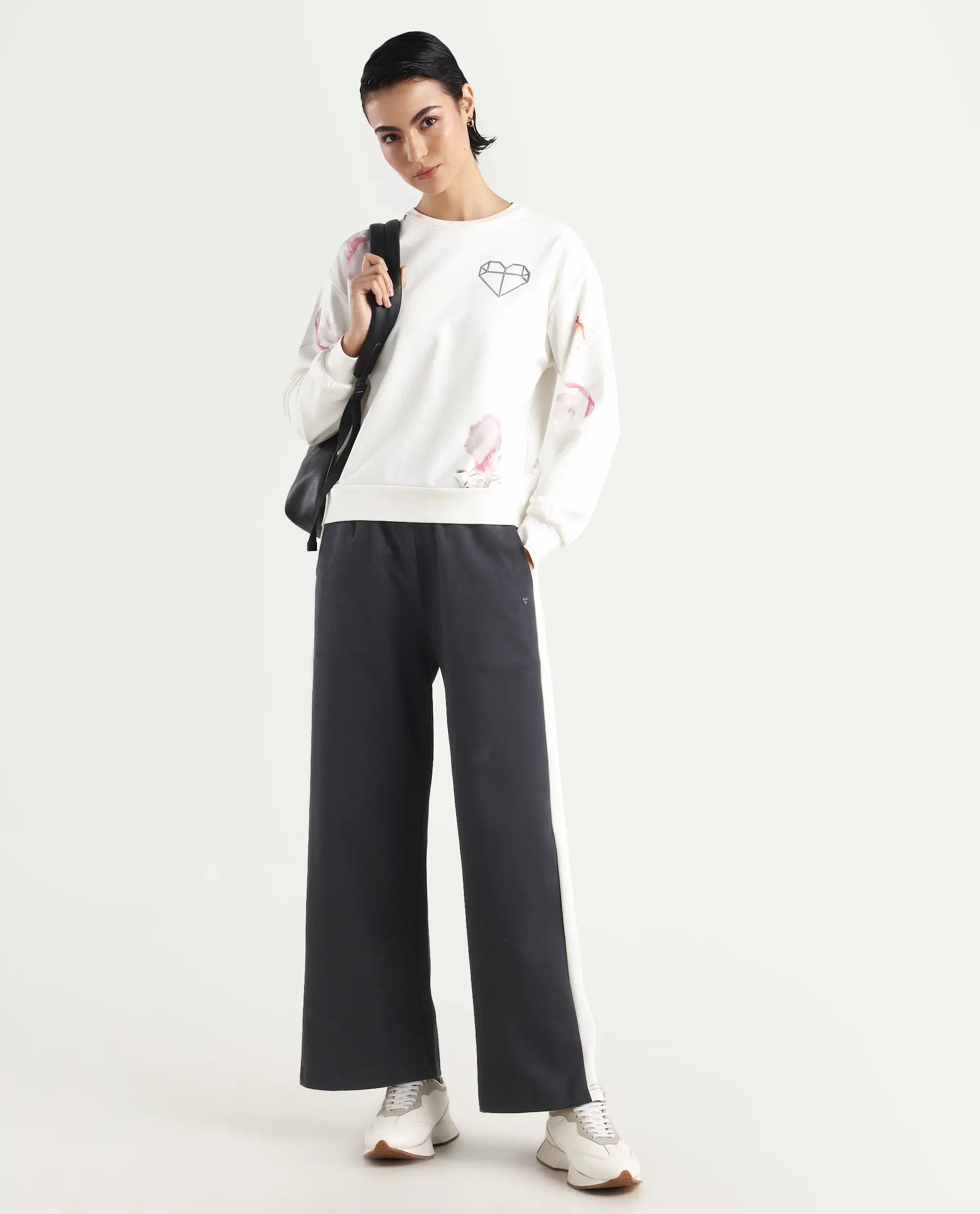 Rareism Women's Plume Off White Cotton Blend Crew Neck Graphic Print Relaxed Fit Sweatshirt