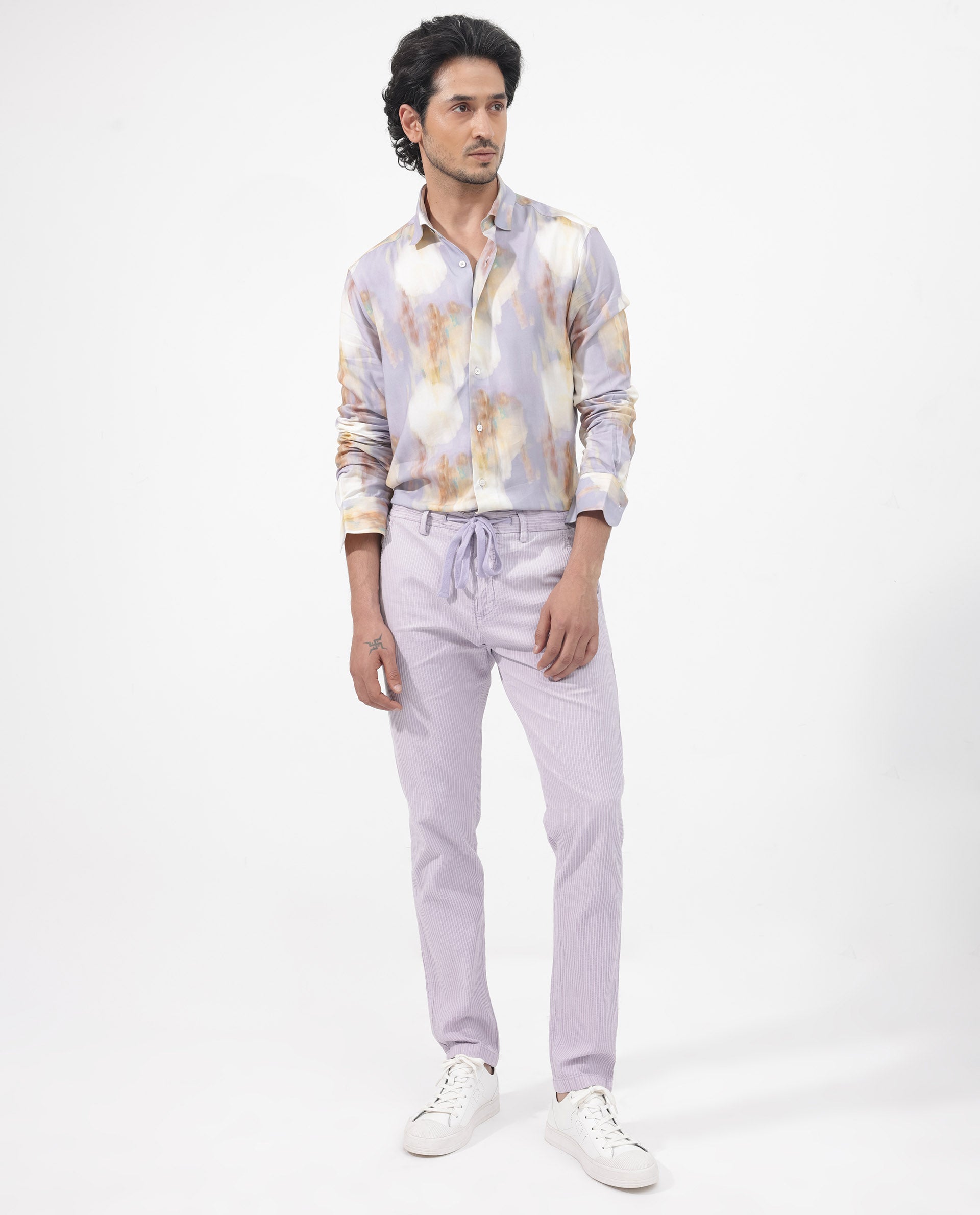 Rare Rabbit Mens Plushy LS Pastel Purple Viscose Fabric Full Sleeve Abstract Print Shirt