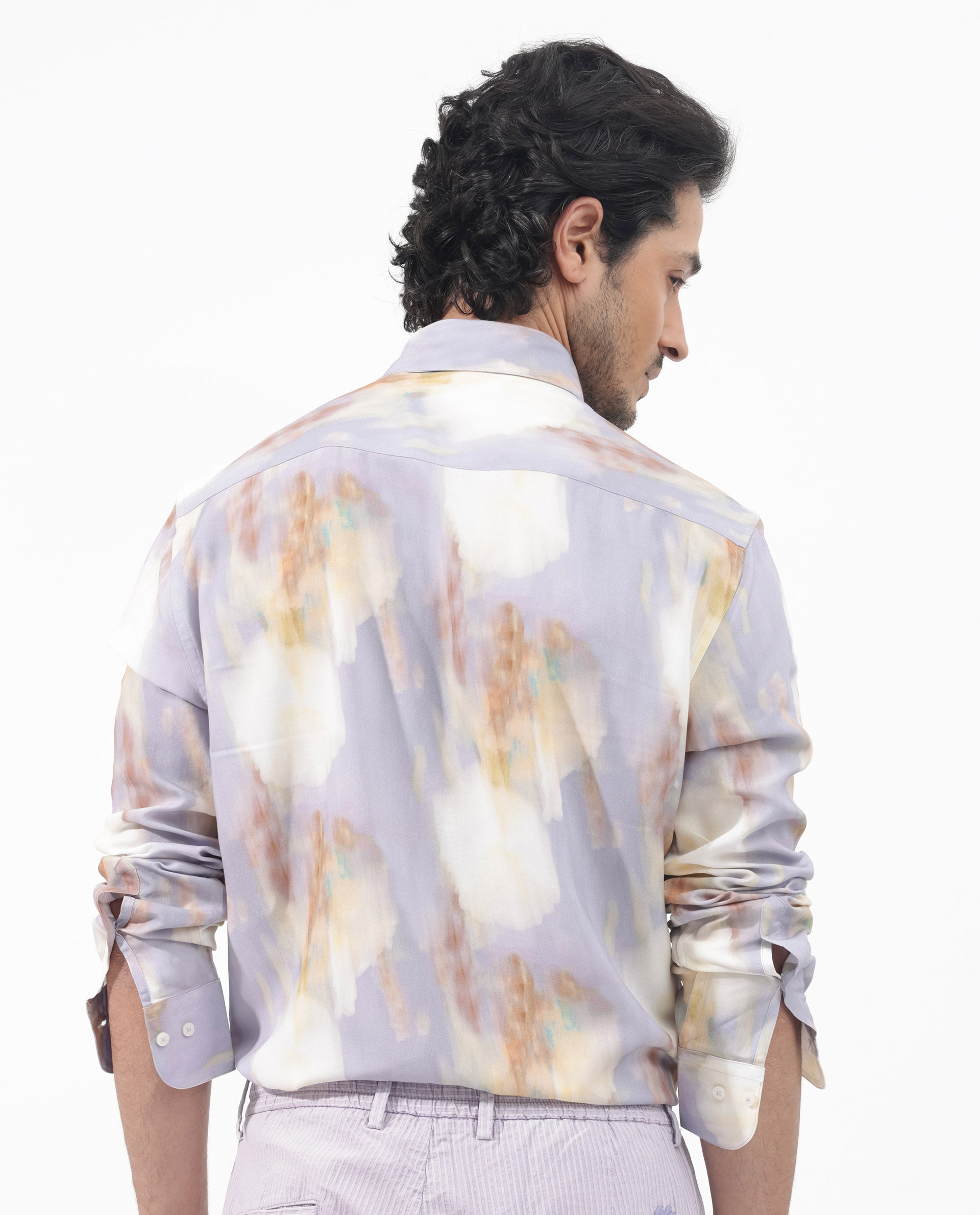 Rare Rabbit Mens Plushy LS Pastel Purple Viscose Fabric Full Sleeve Abstract Print Shirt