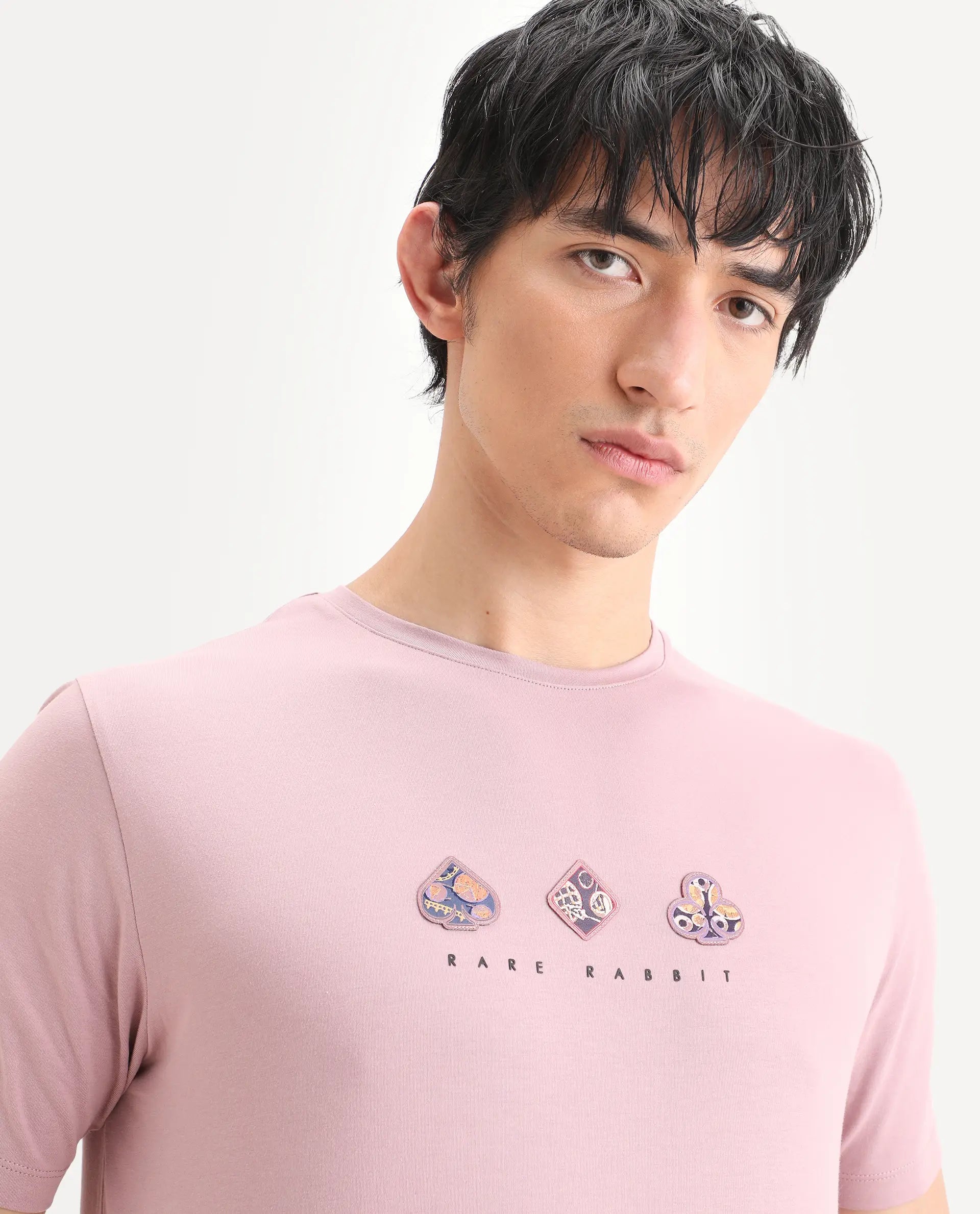 Rare Rabbit Men's Poat Dusky Pink Cotton Blend Fabric Half Sleeve Crew Neck Regular Fit T-Shirt