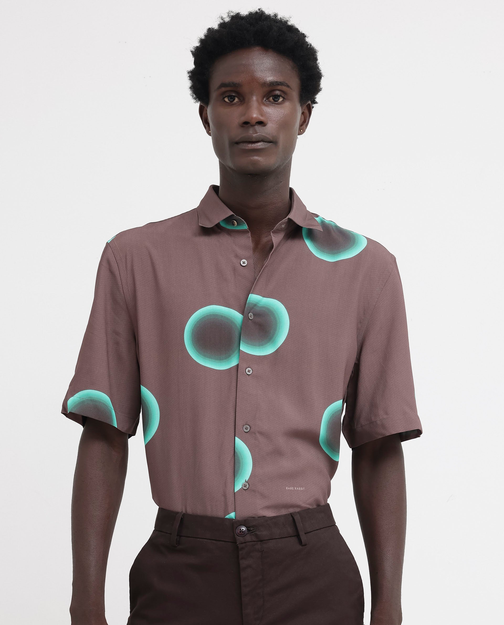 Rare Rabbit Mens Poblur Brown Viscose Fabric Short Sleeve Boxy Fit Polka Print Shirt