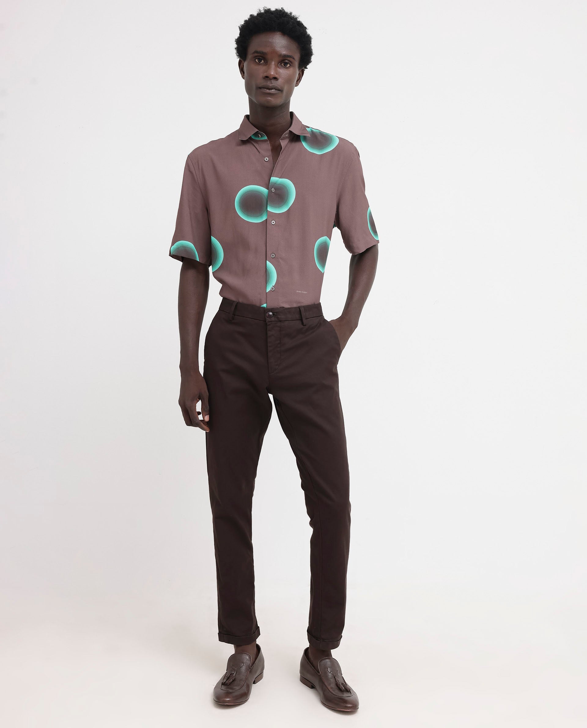 Rare Rabbit Mens Poblur Brown Viscose Fabric Short Sleeve Boxy Fit Polka Print Shirt