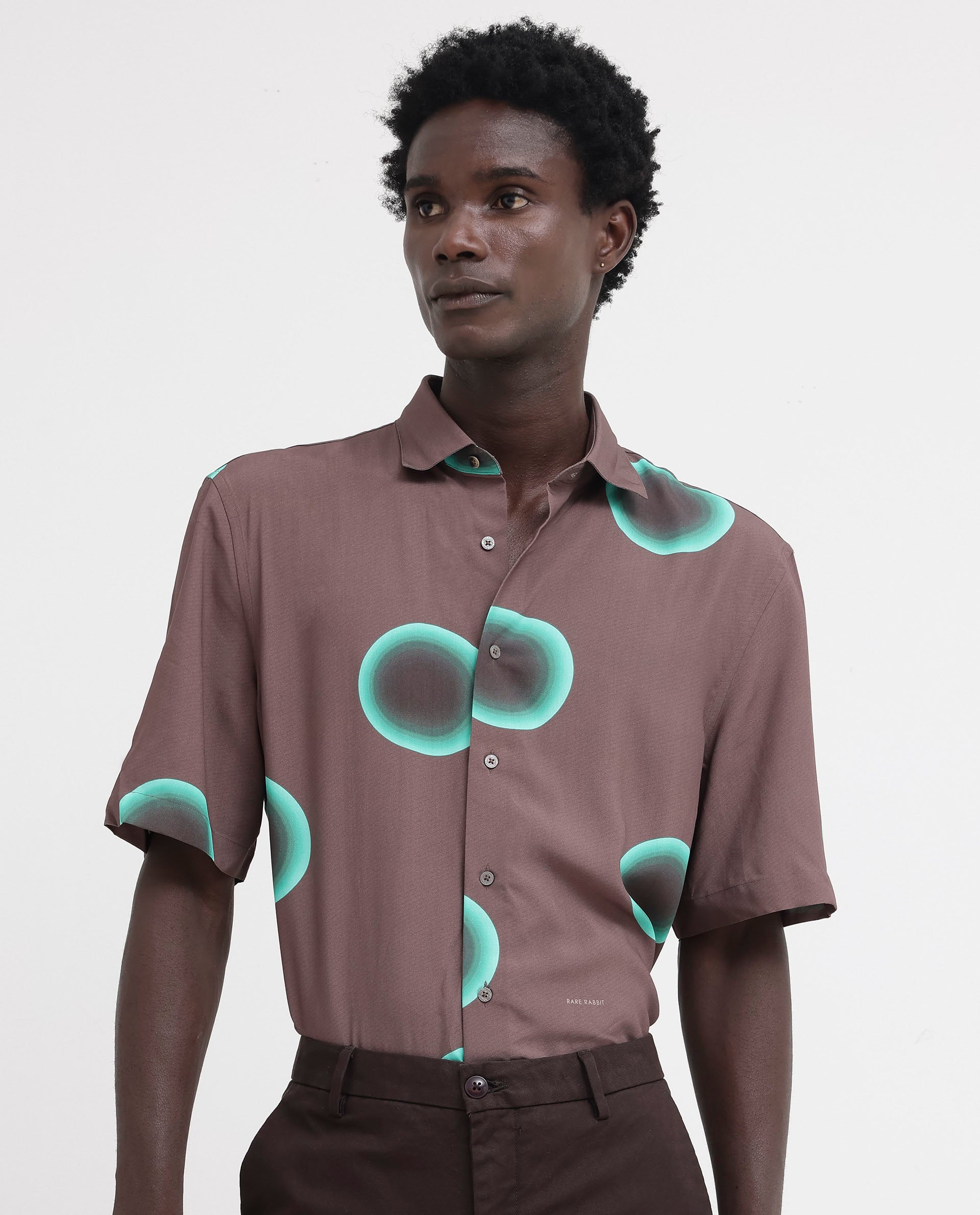 Rare Rabbit Mens Poblur Brown Viscose Fabric Short Sleeve Boxy Fit Polka Print Shirt