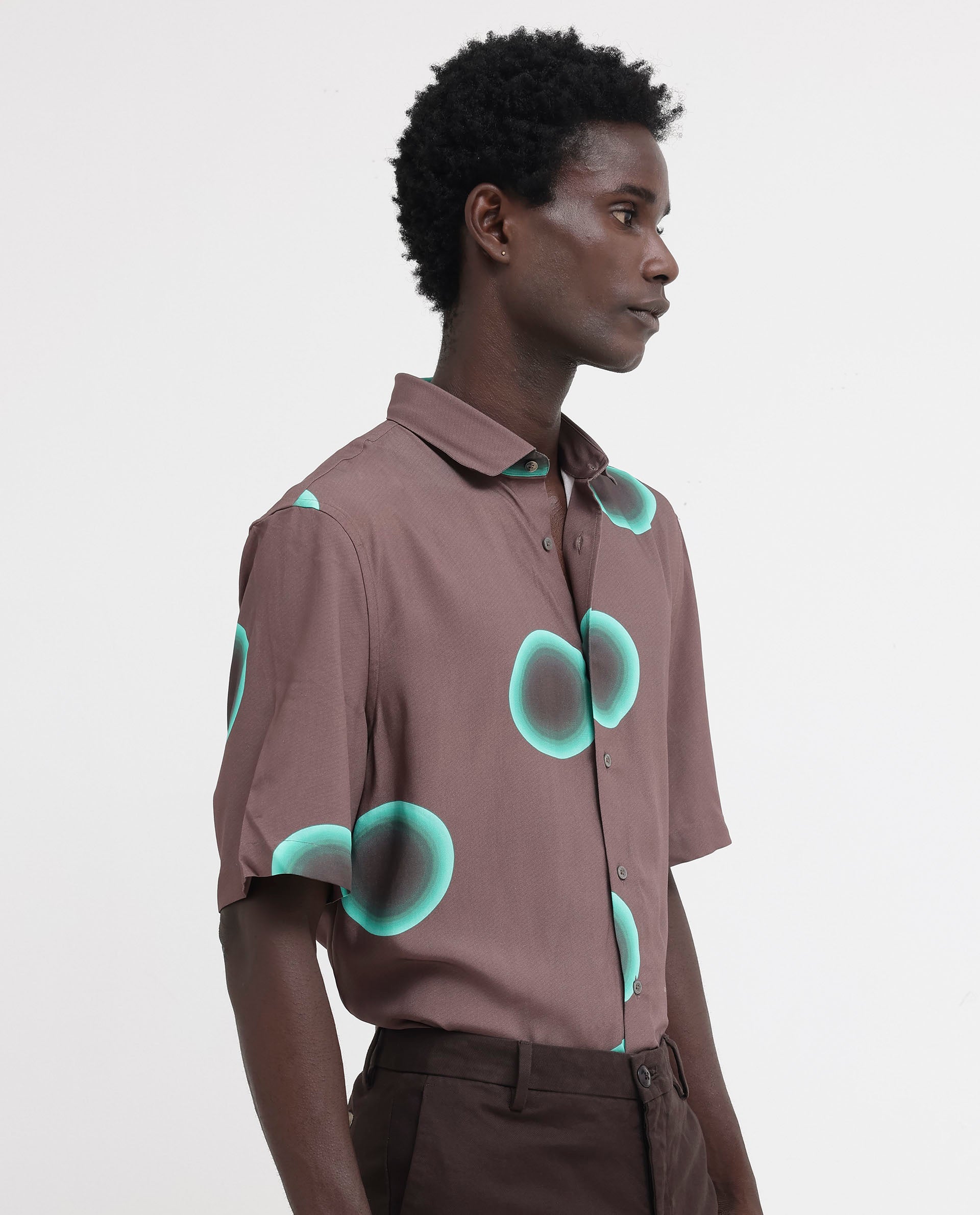 Rare Rabbit Mens Poblur Brown Viscose Fabric Short Sleeve Boxy Fit Polka Print Shirt