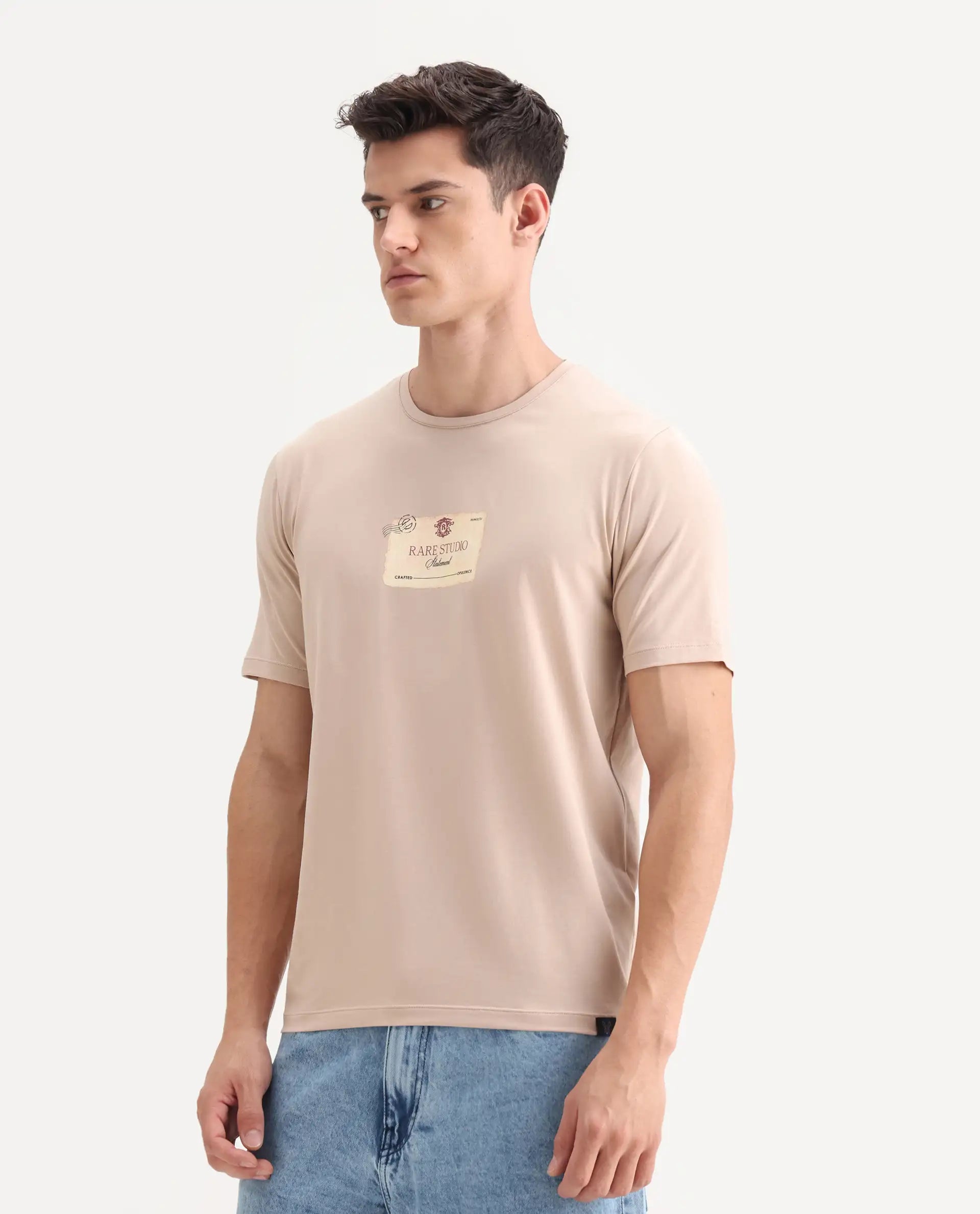 Rare Rabbit Men's Poca Beige Cotton Blend Graphic Print Regular Fit Half Sleeve Crew Neck T-Shirt