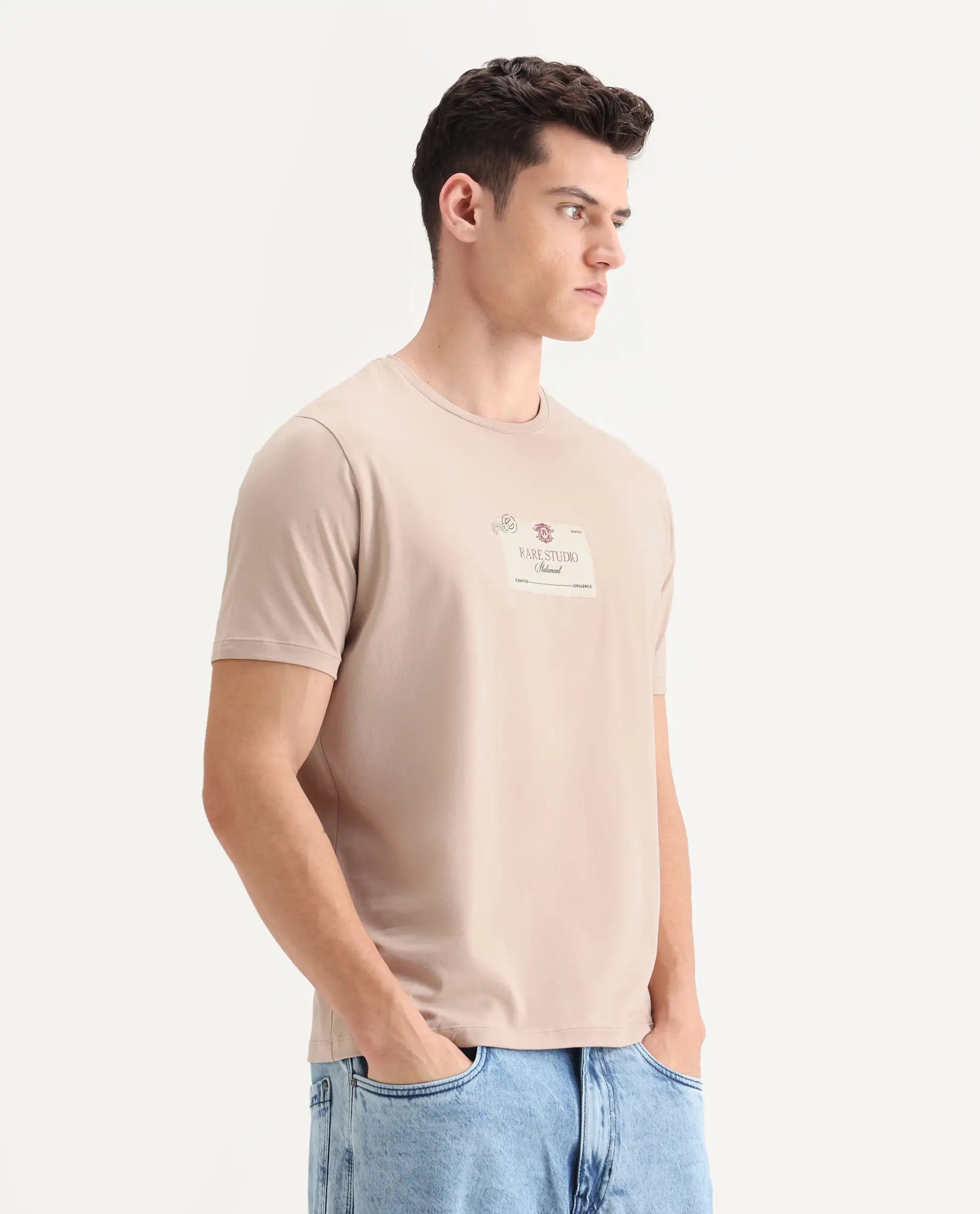 Rare Rabbit Men's Poca Beige Cotton Blend Graphic Print Regular Fit Half Sleeve Crew Neck T-Shirt