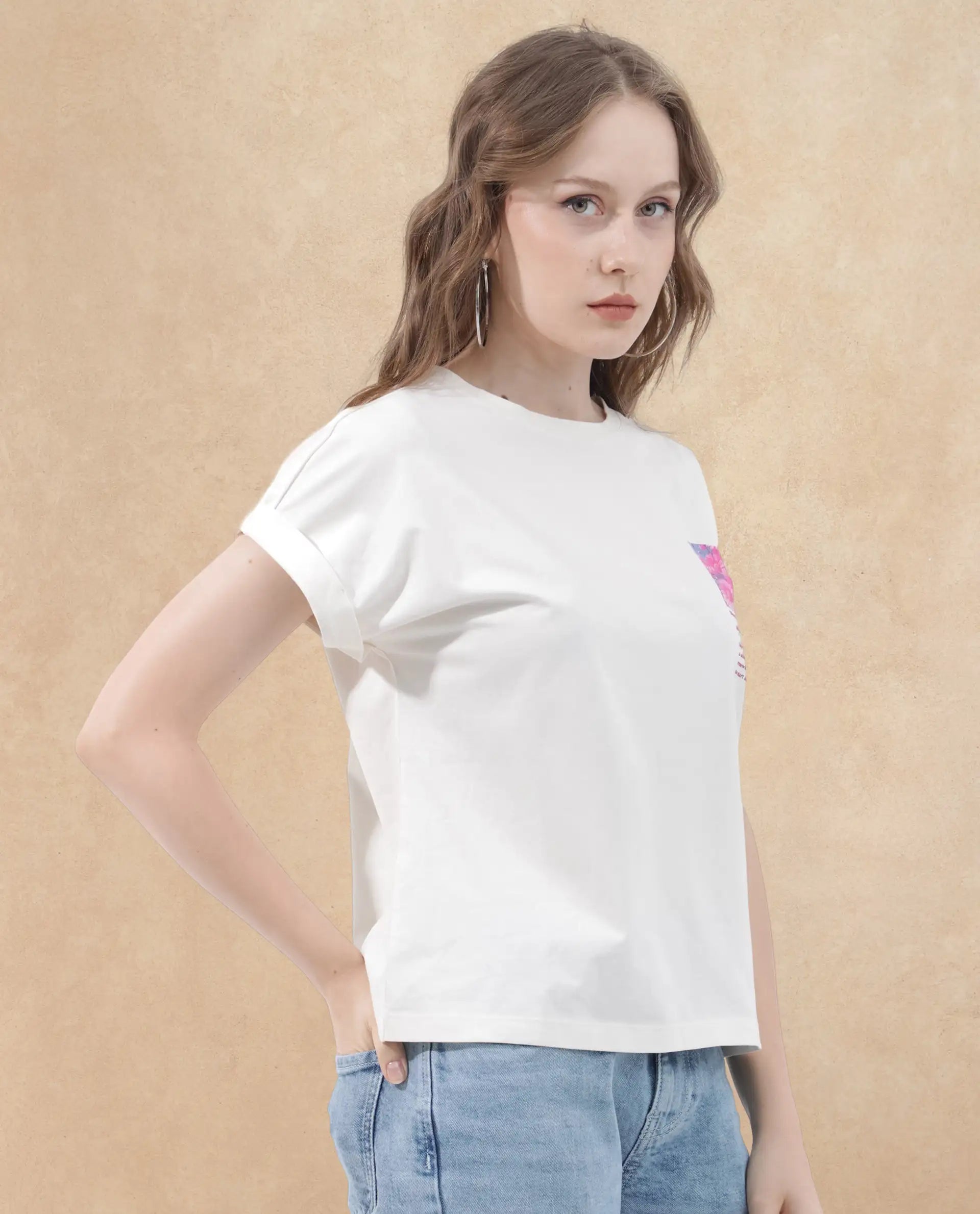 Rareism Women's Poctri Off White Cotton Blend Crew Neck Graphic Print Extended Sleeves Regular Fit T-Shirt