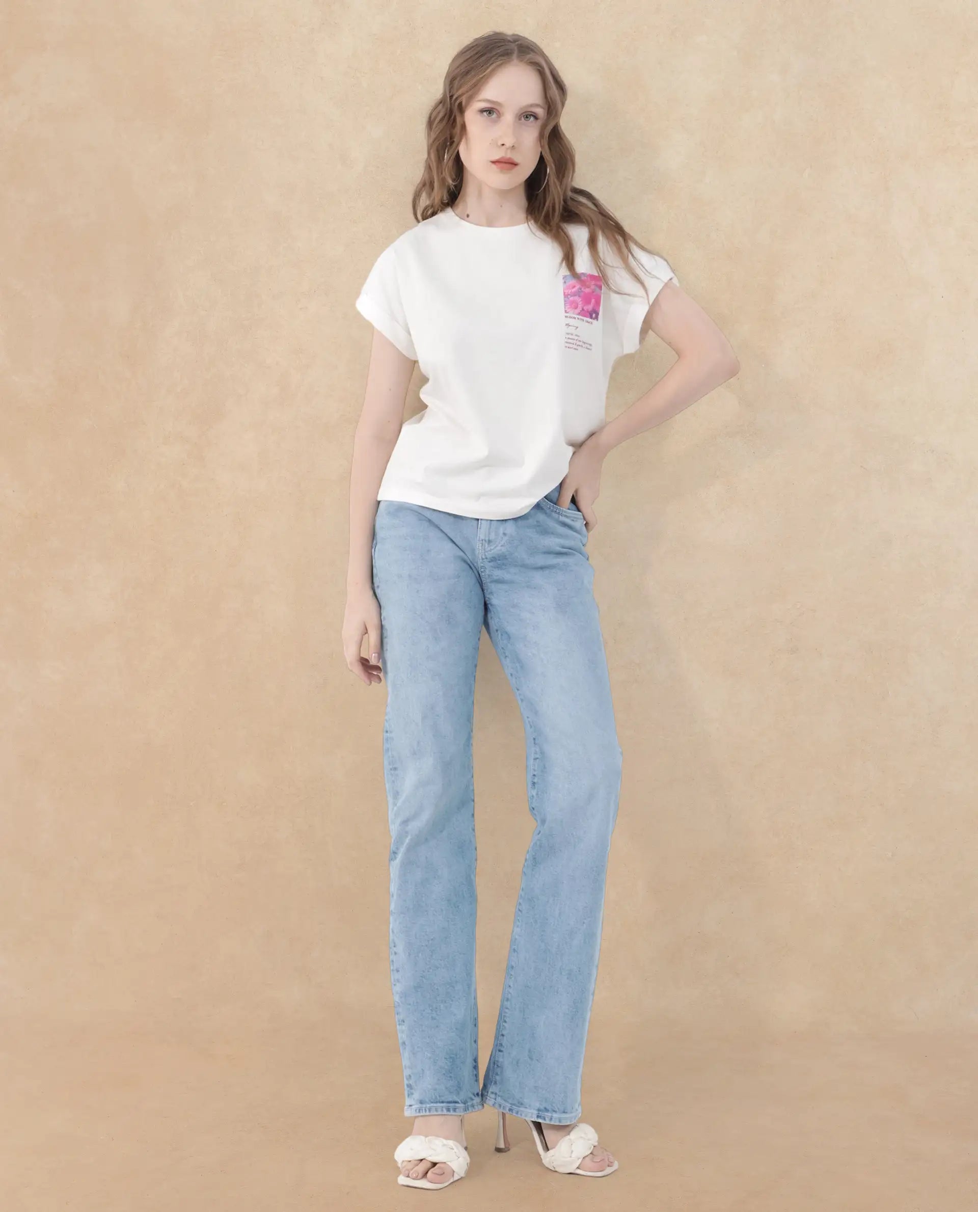 Rareism Women's Poctri Off White Cotton Blend Crew Neck Graphic Print Extended Sleeves Regular Fit T-Shirt