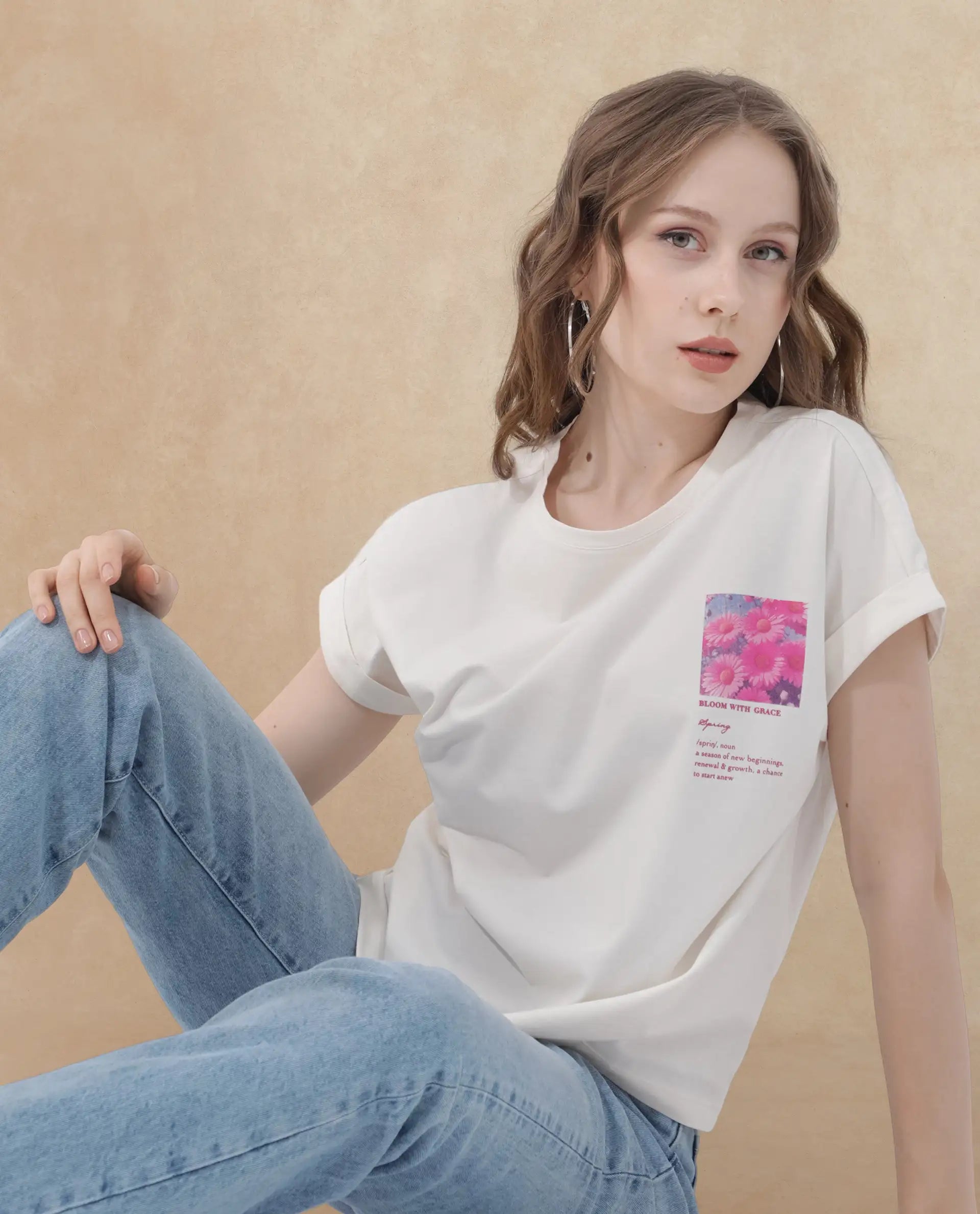 Rareism Women's Poctri Off White Cotton Blend Crew Neck Graphic Print Extended Sleeves Regular Fit T-Shirt