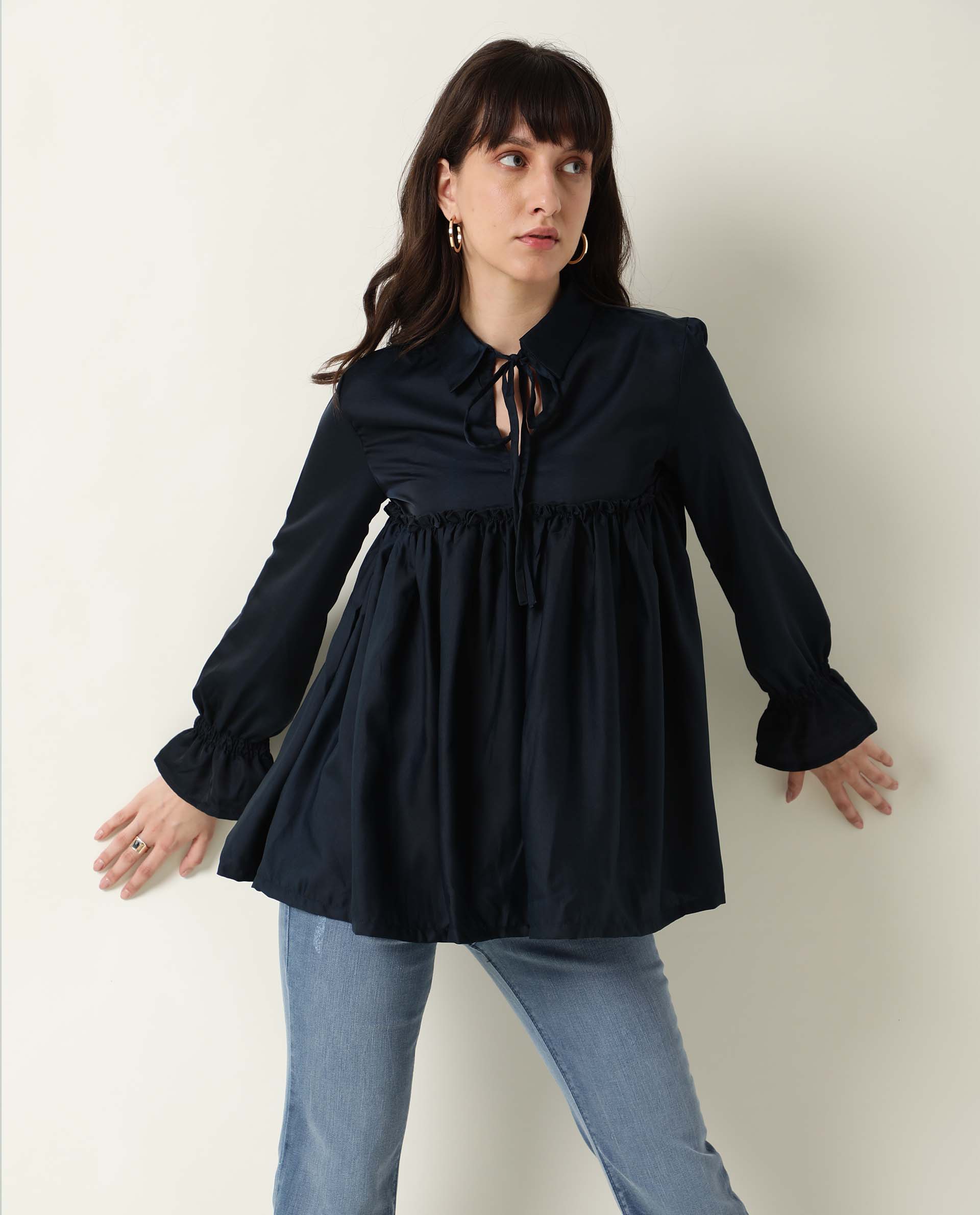 Rareism Women Poet Petrol Polyester Fabric Relaxed Fit Tie-Up Neck Full Sleeves Solid Top