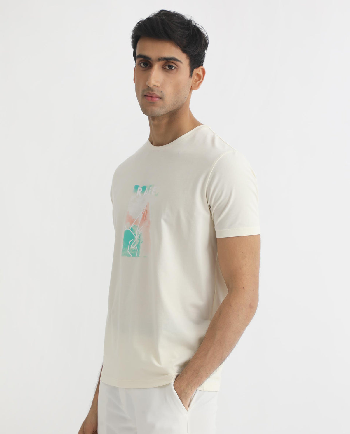 Rare Rabbit Men's Poet Pastel Yellow Discharge And HD Printed Logo Half Sleeves Slim Fit T-Shirt
