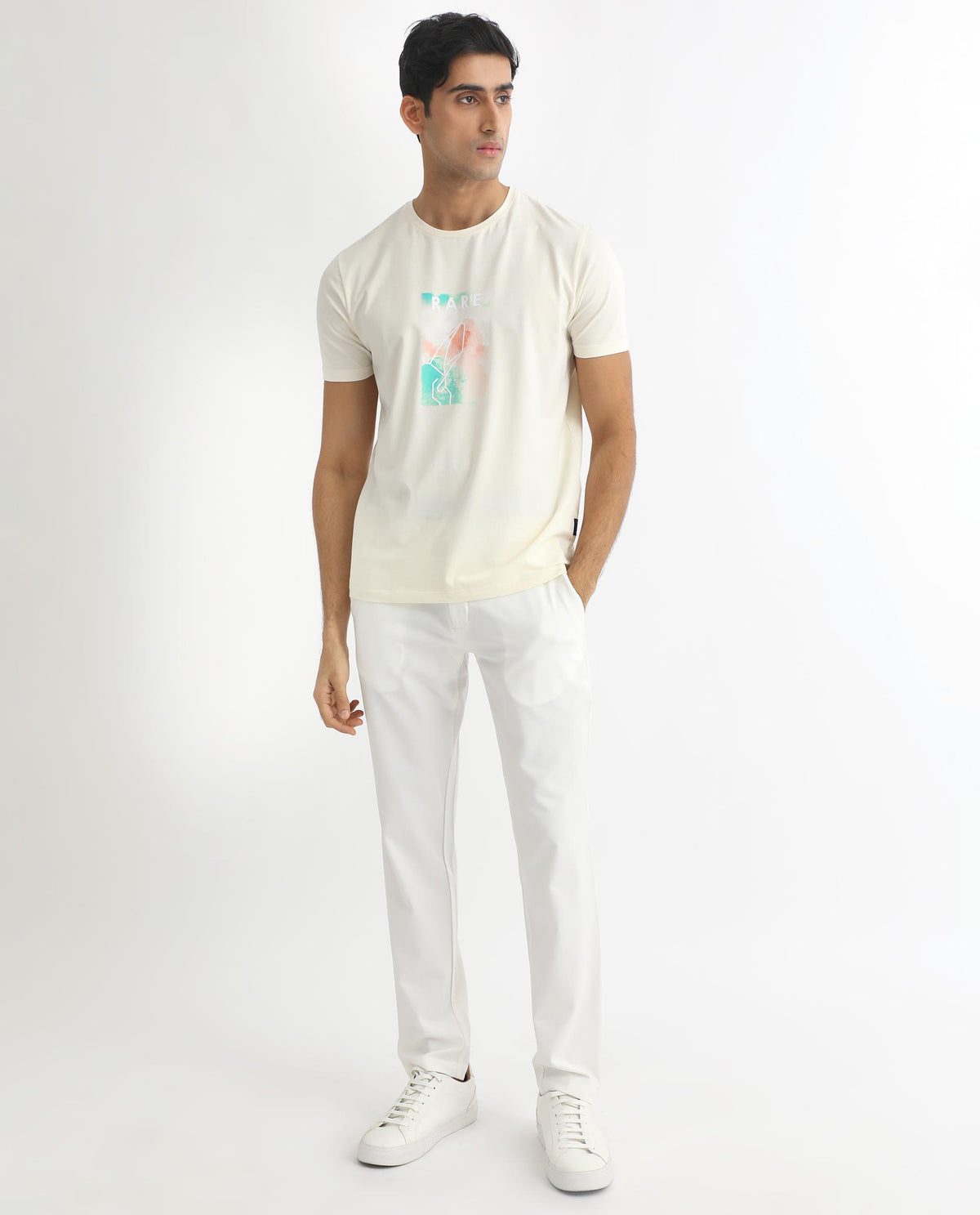 Rare Rabbit Men's Poet Pastel Yellow Discharge And HD Printed Logo Half Sleeves Slim Fit T-Shirt