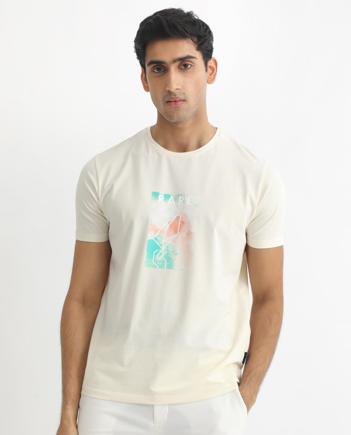 Rare Rabbit Men's Poet Pastel Yellow Discharge And HD Printed Logo Half Sleeves Slim Fit T-Shirt