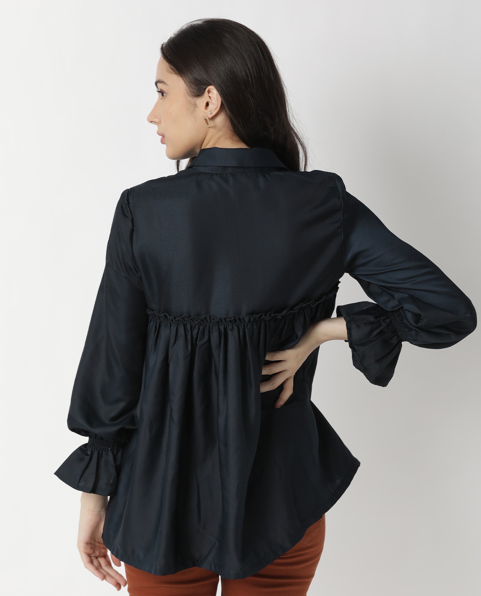 Rareism Women Poet Petrol Polyester Fabric Relaxed Fit Tie-Up Neck Full Sleeves Solid Top