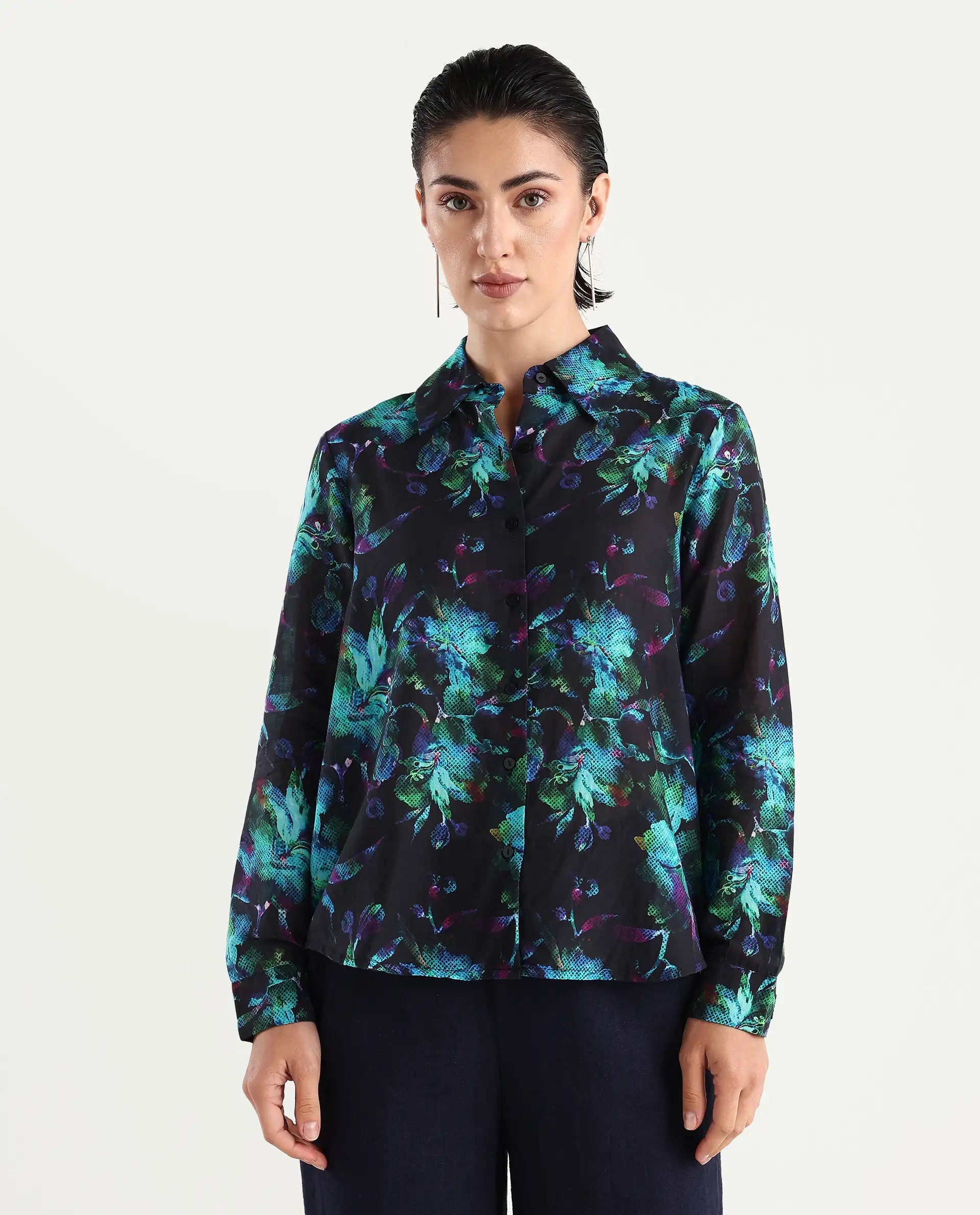 Rareism Women's Pointy Multi Cotton Spread Collar Floral Print Regular Fit Top