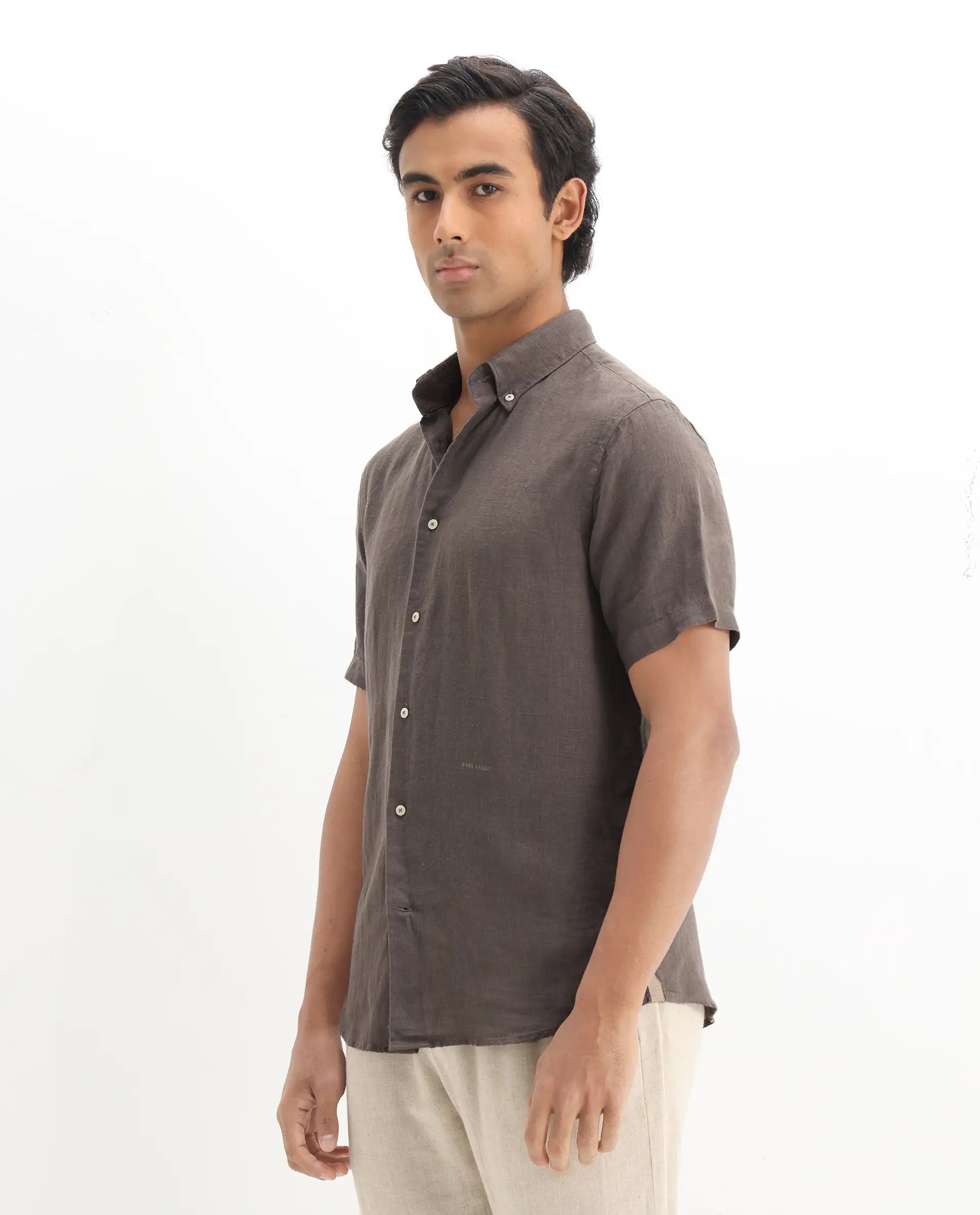 Rare Rabbit Men's Poist Dark Brown Linen Plain Regular Fit Half Sleeve Collared Shirt
