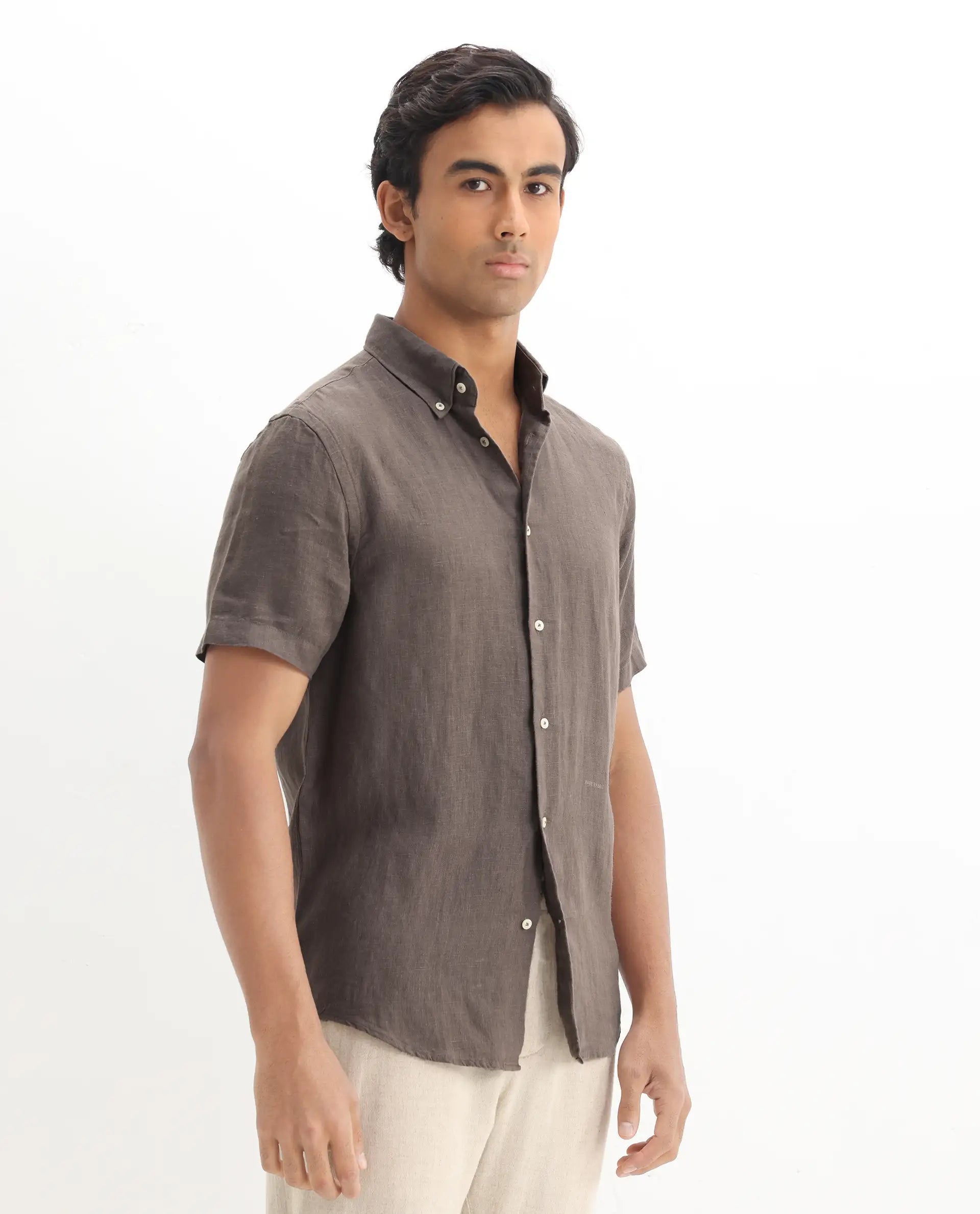 Rare Rabbit Men's Poist Dark Brown Linen Plain Regular Fit Half Sleeve Collared Shirt
