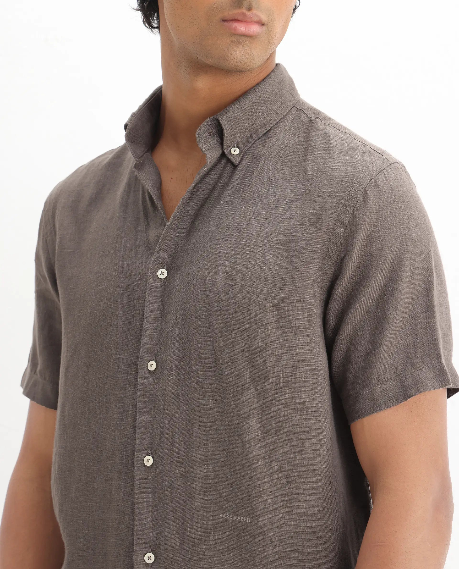 Rare Rabbit Men's Poist Dark Brown Linen Plain Regular Fit Half Sleeve Collared Shirt