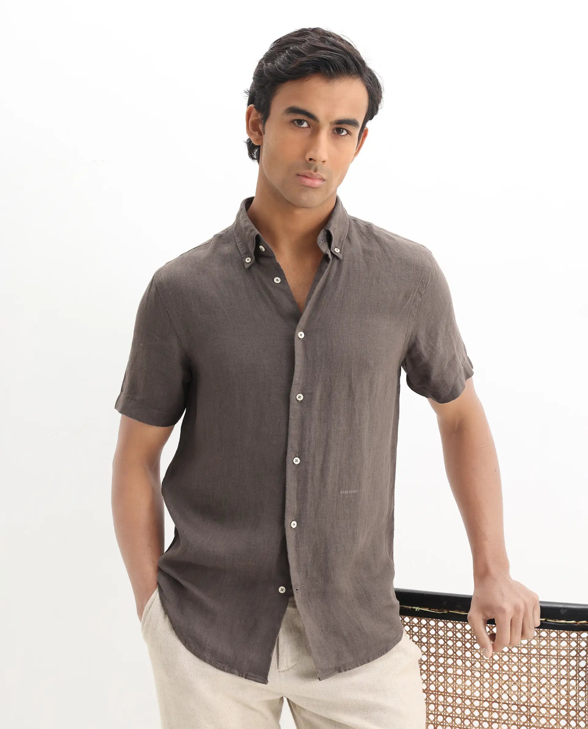 Rare Rabbit Men's Poist Dark Brown Linen Plain Regular Fit Half Sleeve Collared Shirt