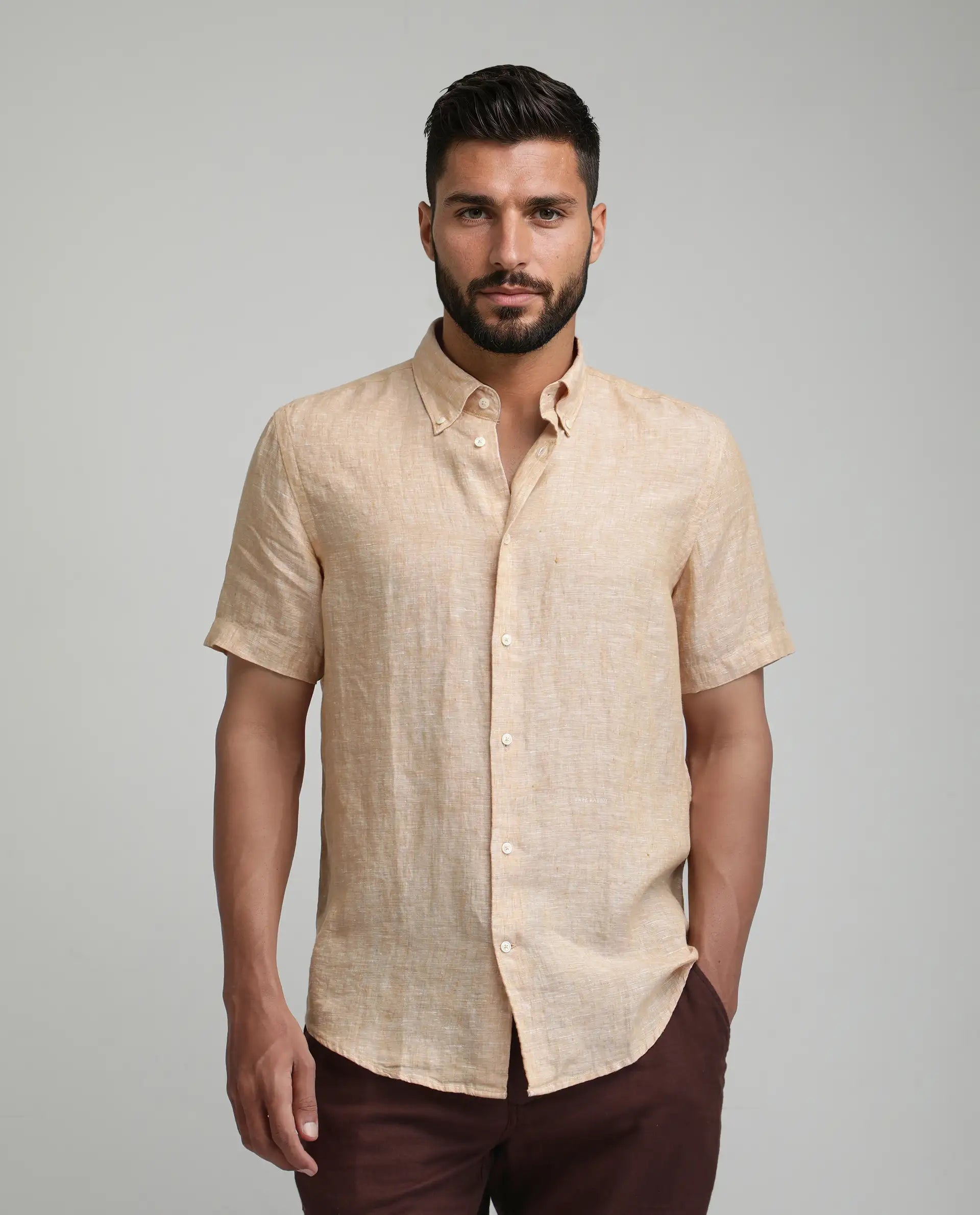 Rare Rabbit Men's Poist Dusky Yellow Linen Plain Regular Fit Half Sleeve Collared Shirt