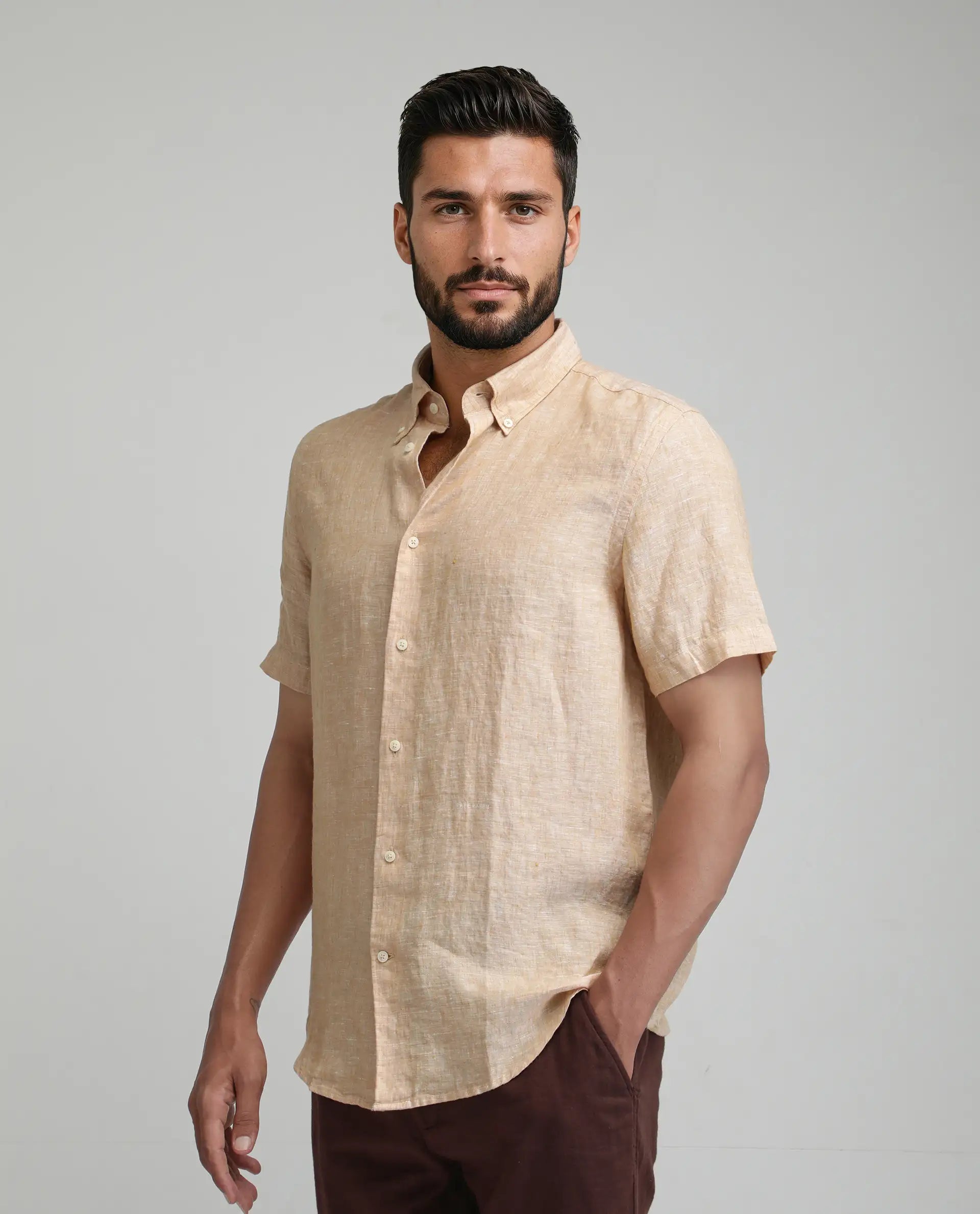 Rare Rabbit Men's Poist Dusky Yellow Linen Plain Regular Fit Half Sleeve Collared Shirt