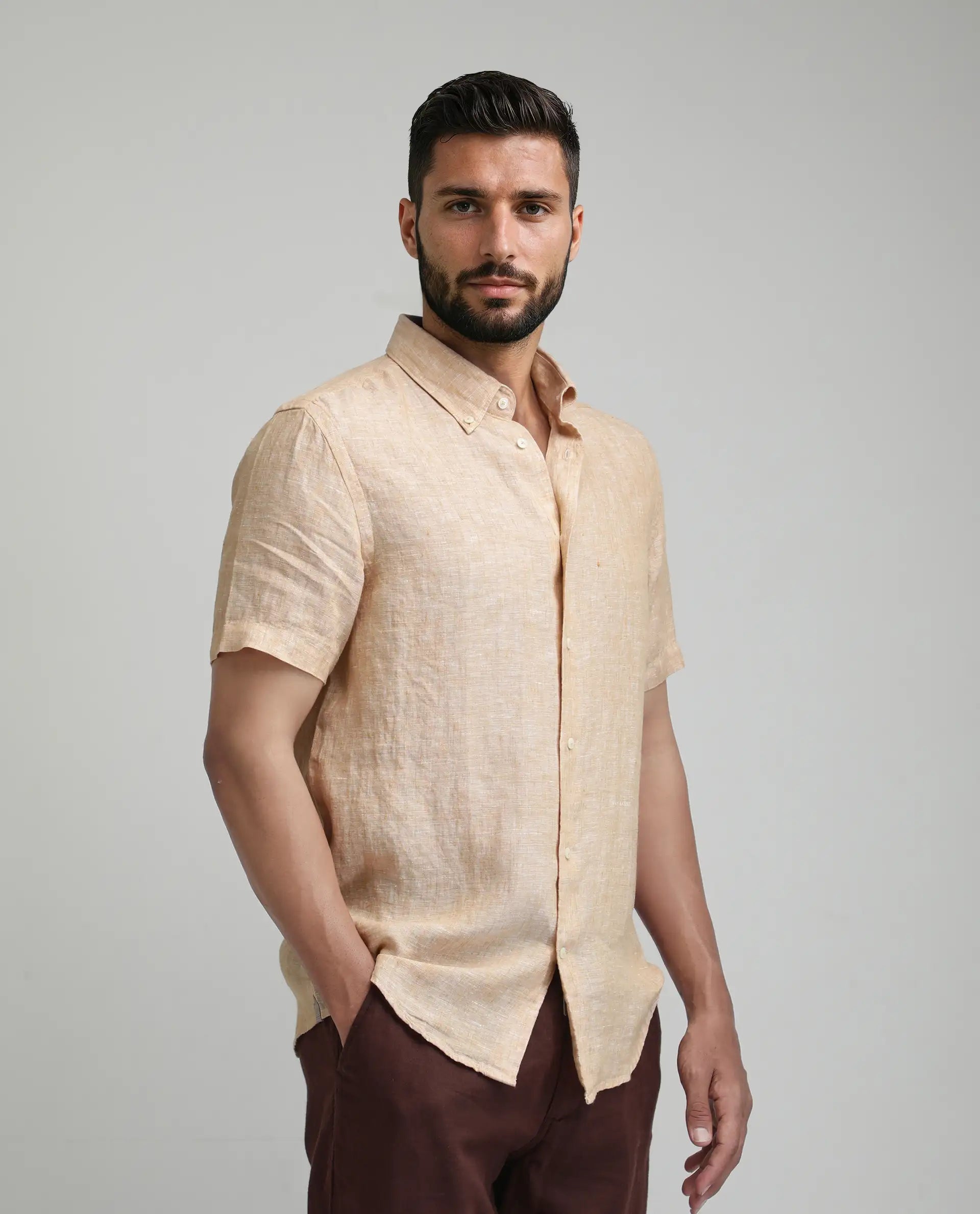 Rare Rabbit Men's Poist Dusky Yellow Linen Plain Regular Fit Half Sleeve Collared Shirt