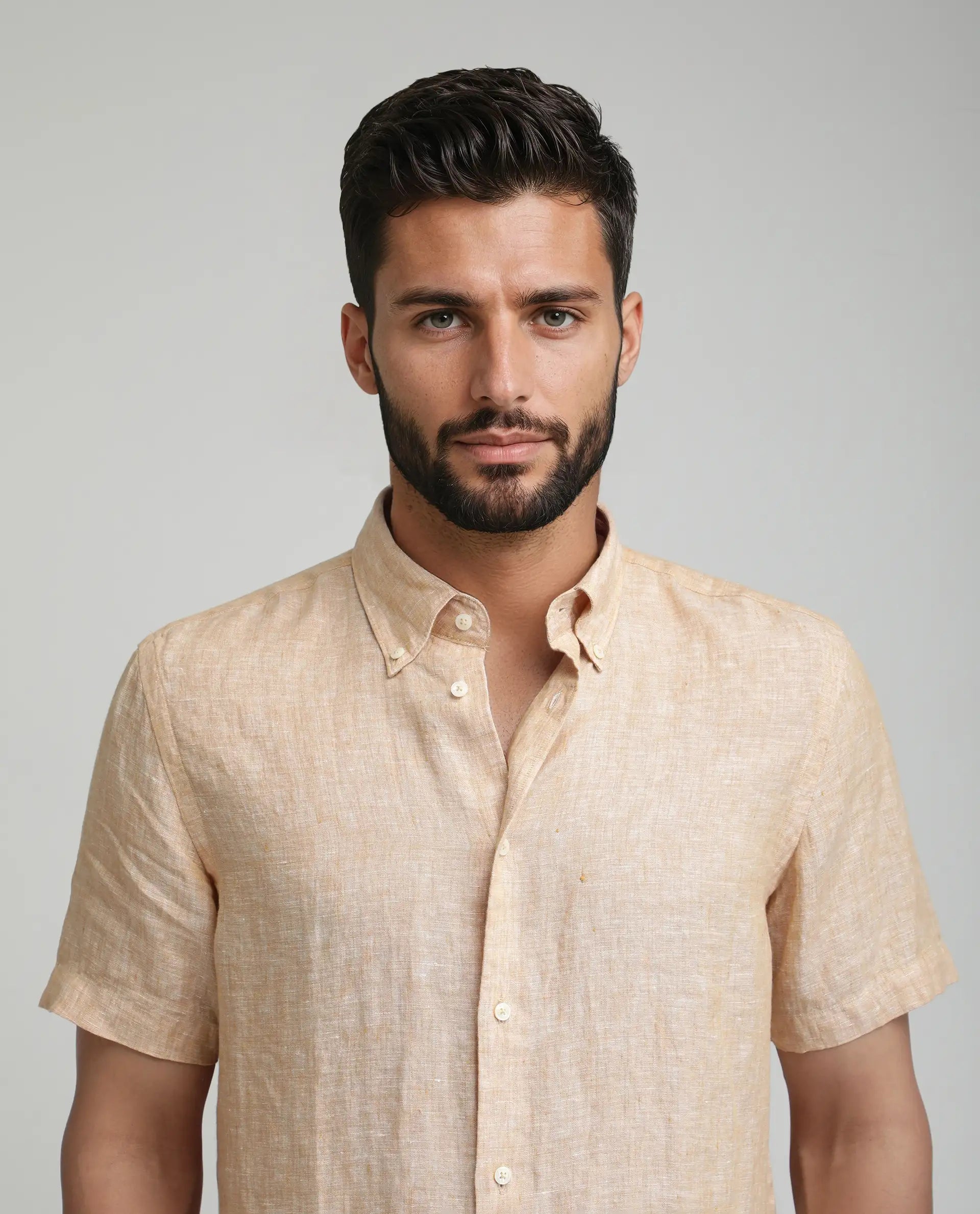 Rare Rabbit Men's Poist Dusky Yellow Linen Plain Regular Fit Half Sleeve Collared Shirt