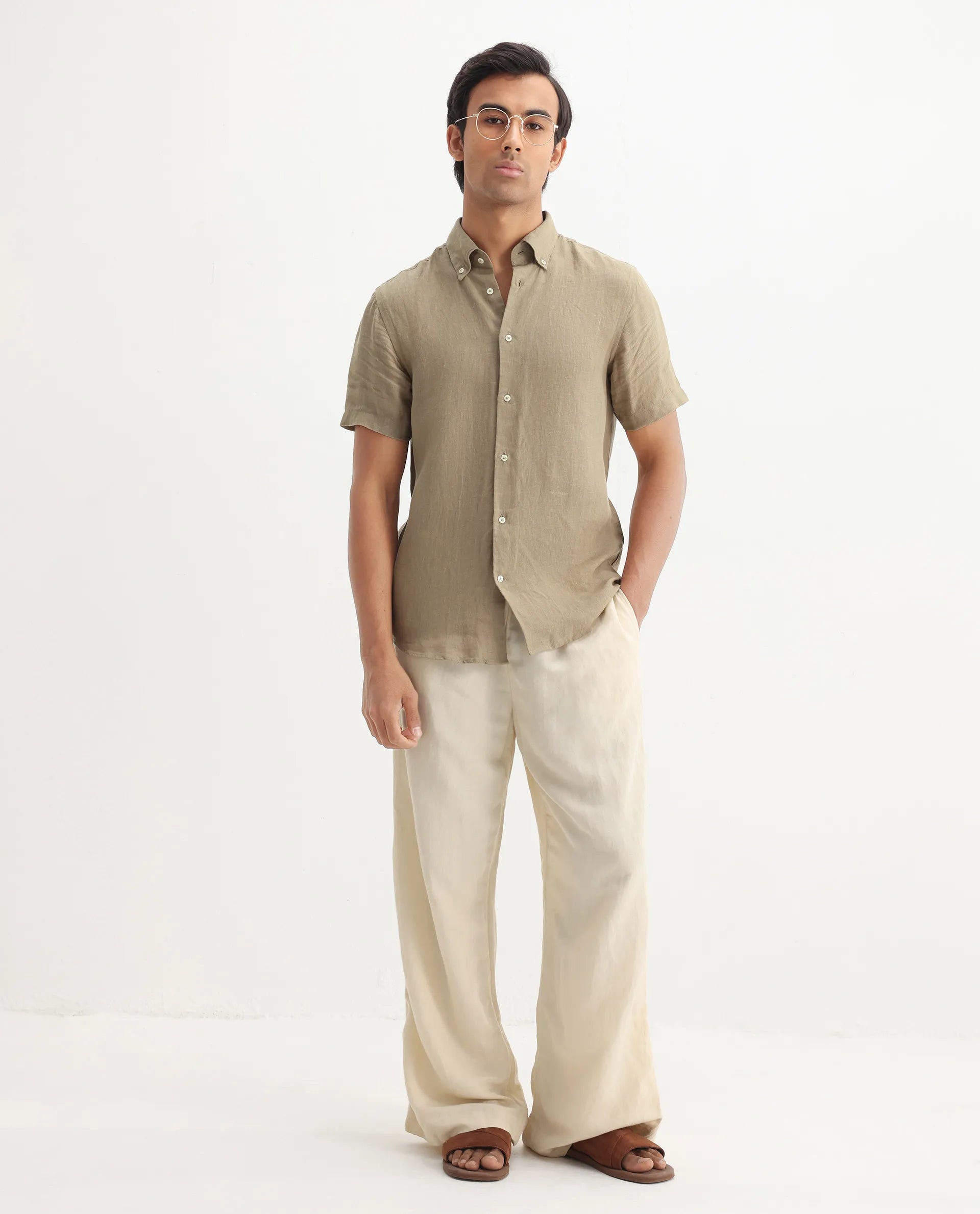 Rare Rabbit Men's Poist Khaki Linen Plain Regular Fit Half Sleeve Collared Shirt