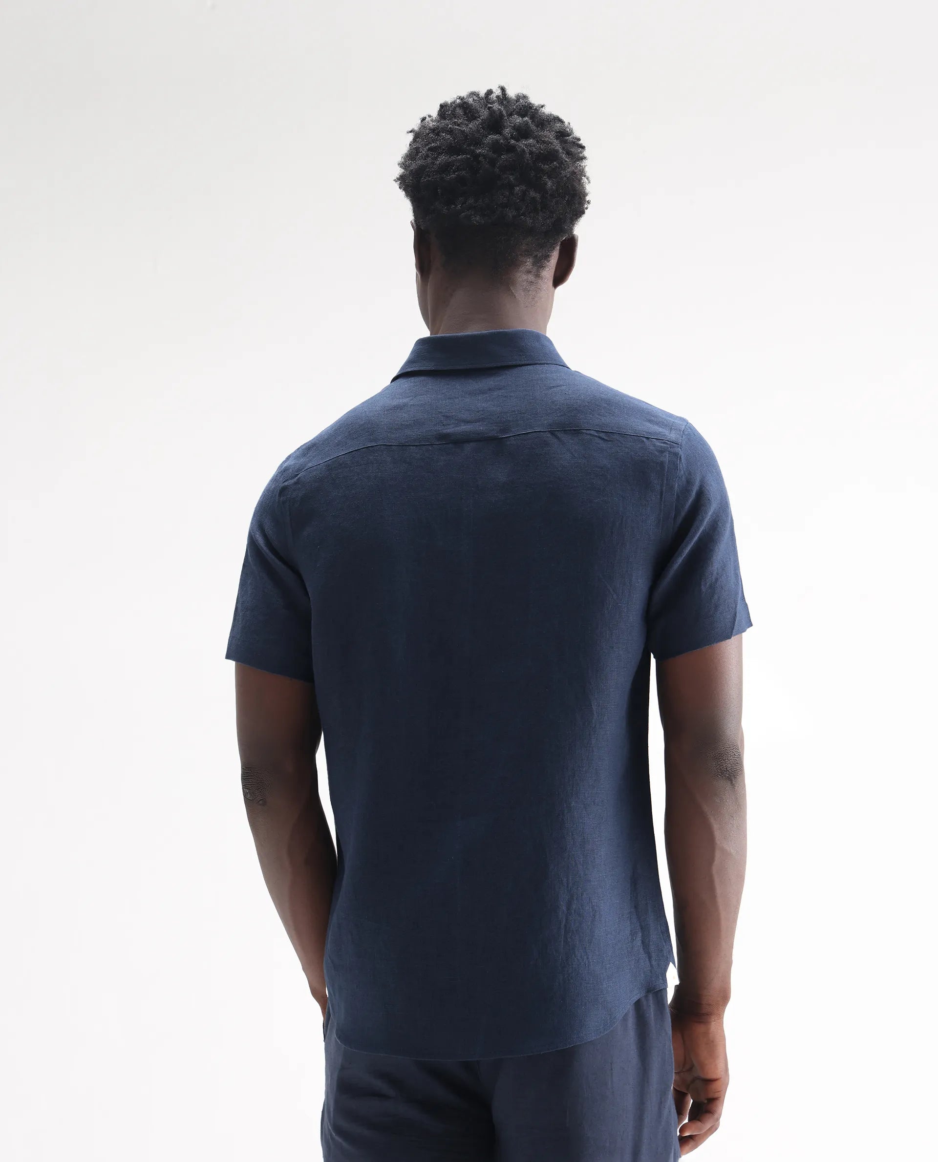 Rare Rabbit Men's Poist Navy 100% Linen Plain Regular Fit Half Sleeve Collared Shirt