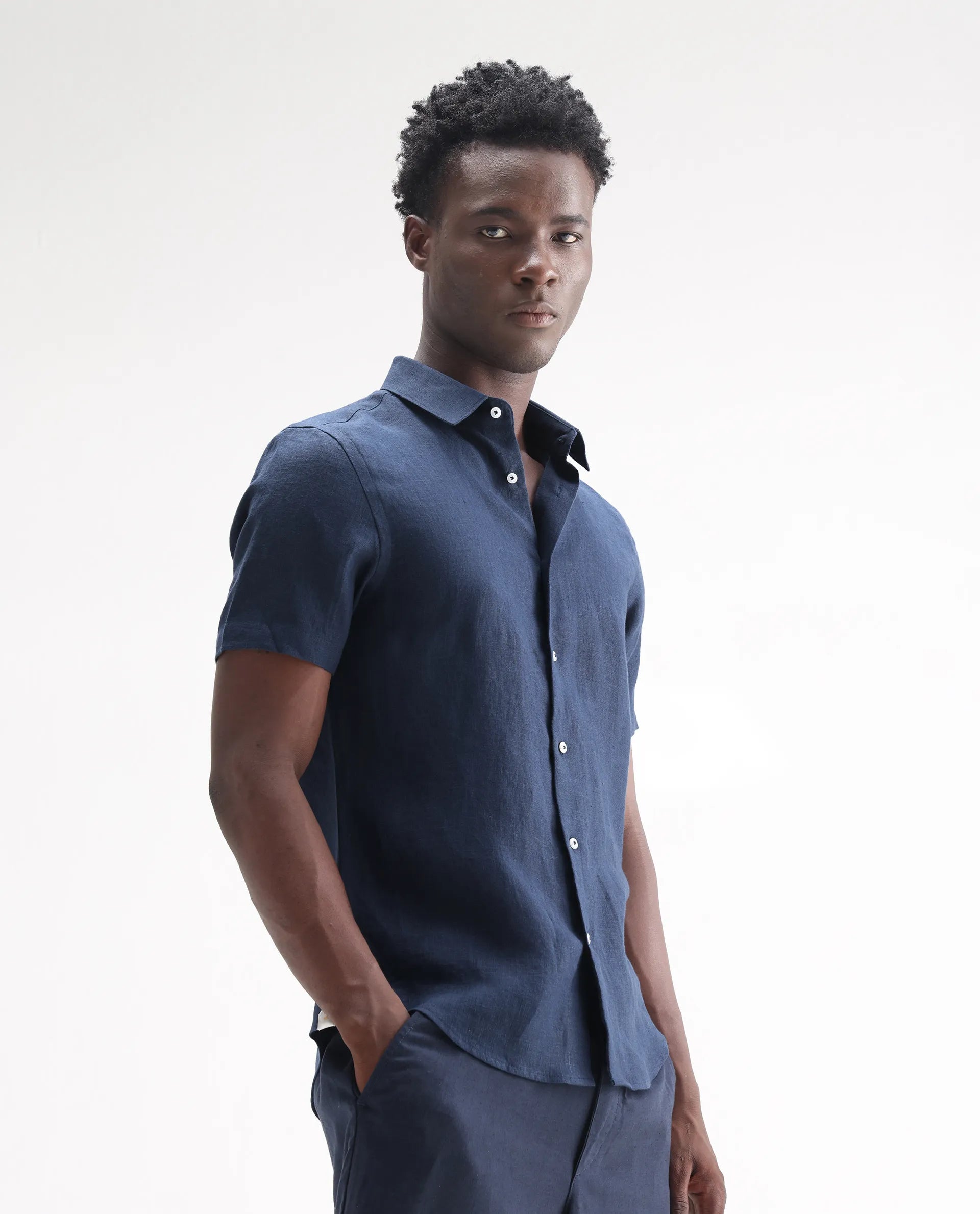 Rare Rabbit Men's Poist Navy 100% Linen Plain Regular Fit Half Sleeve Collared Shirt