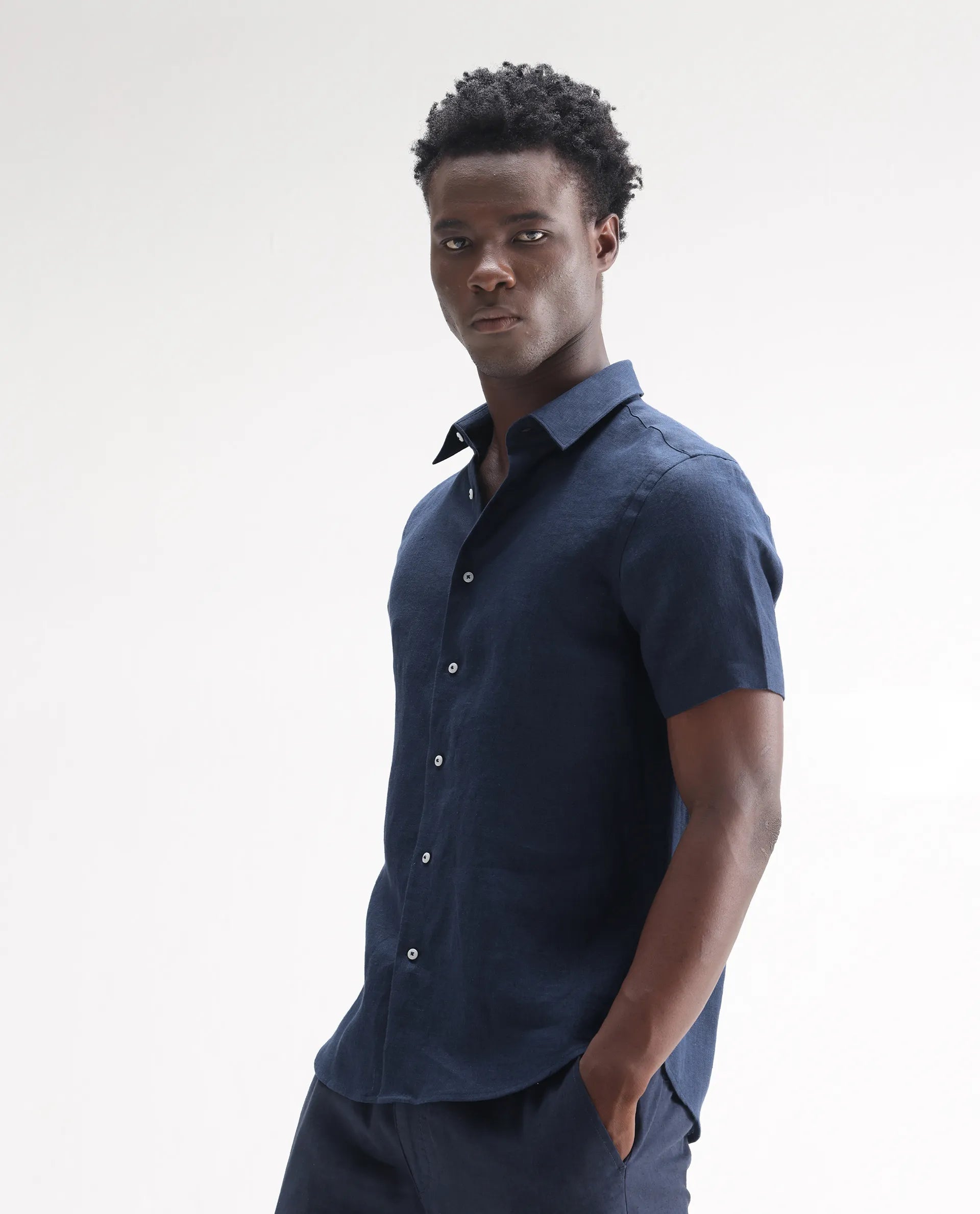 Rare Rabbit Men's Poist Navy 100% Linen Plain Regular Fit Half Sleeve Collared Shirt