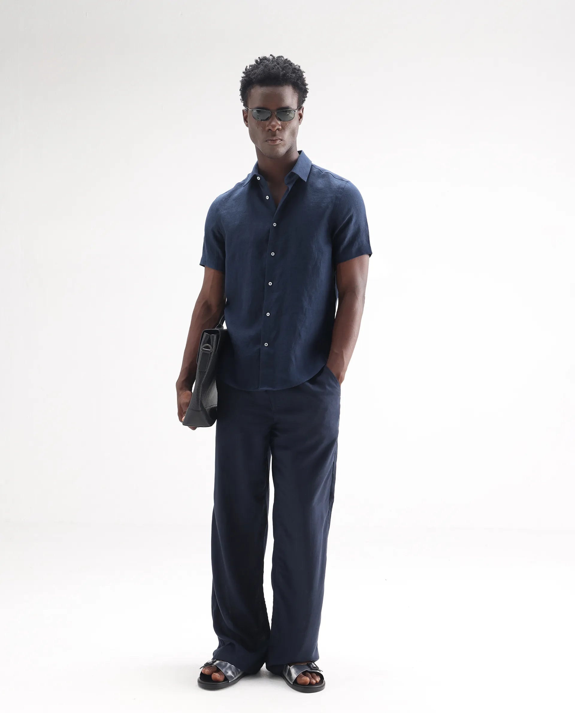 Rare Rabbit Men's Poist Navy 100% Linen Plain Regular Fit Half Sleeve Collared Shirt