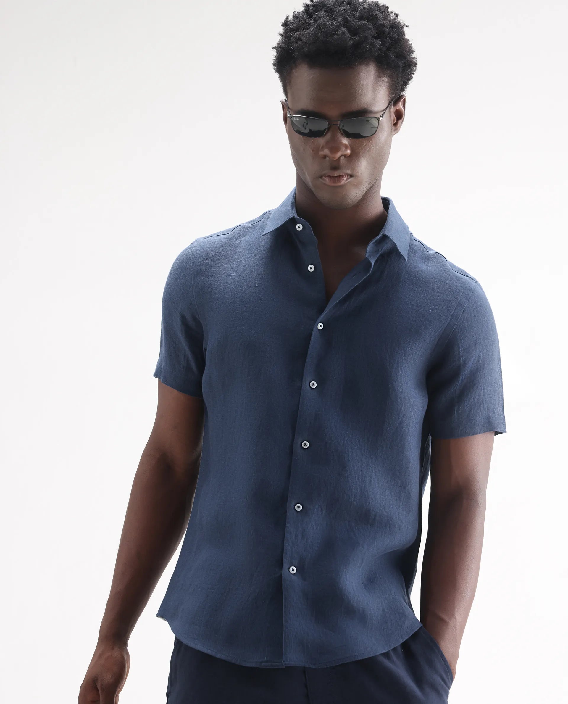 Rare Rabbit Men's Poist Navy 100% Linen Plain Regular Fit Half Sleeve Collared Shirt