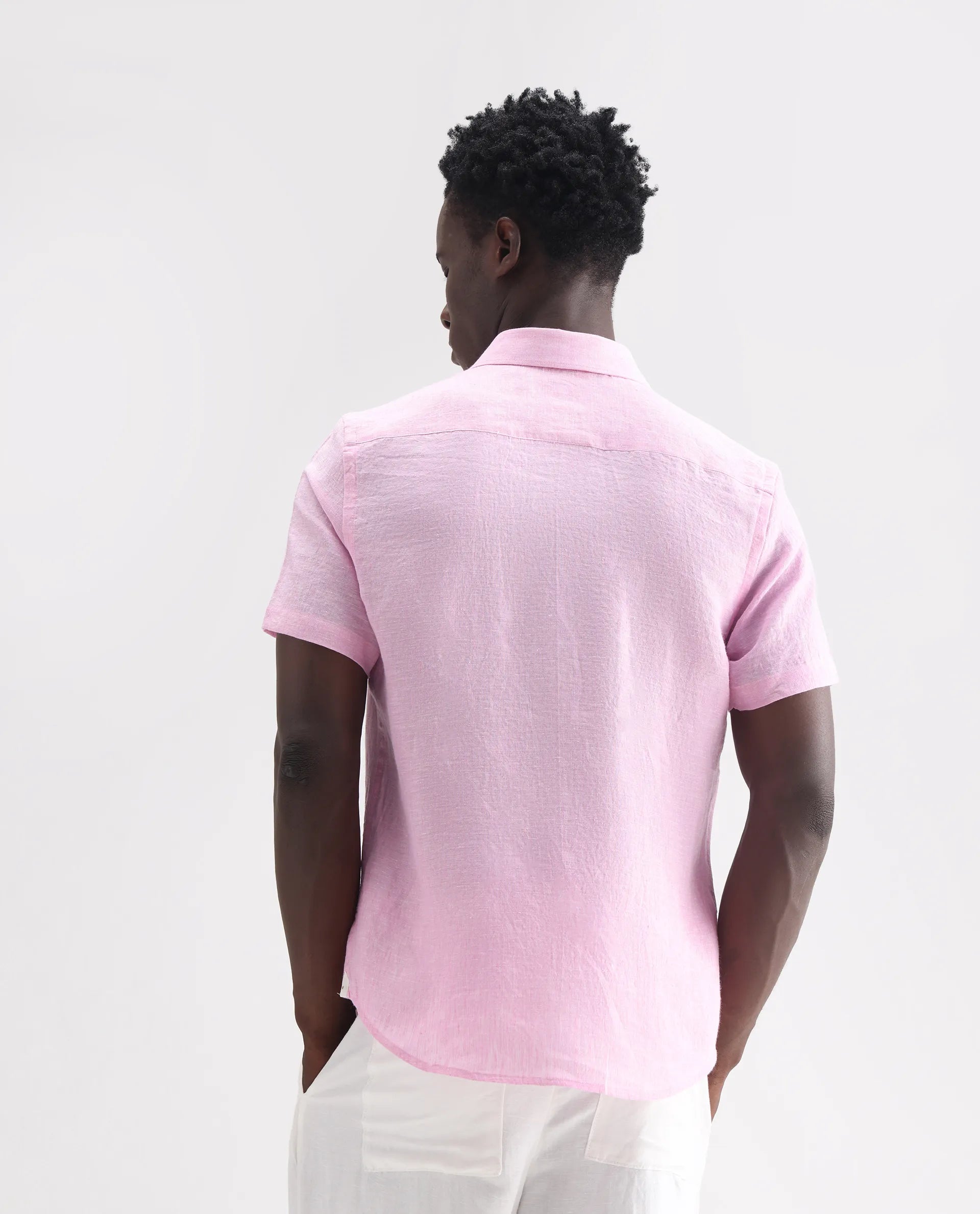 Rare Rabbit Men's Poist Pink 100% Linen Plain Regular Fit Half Sleeve Collared Shirt